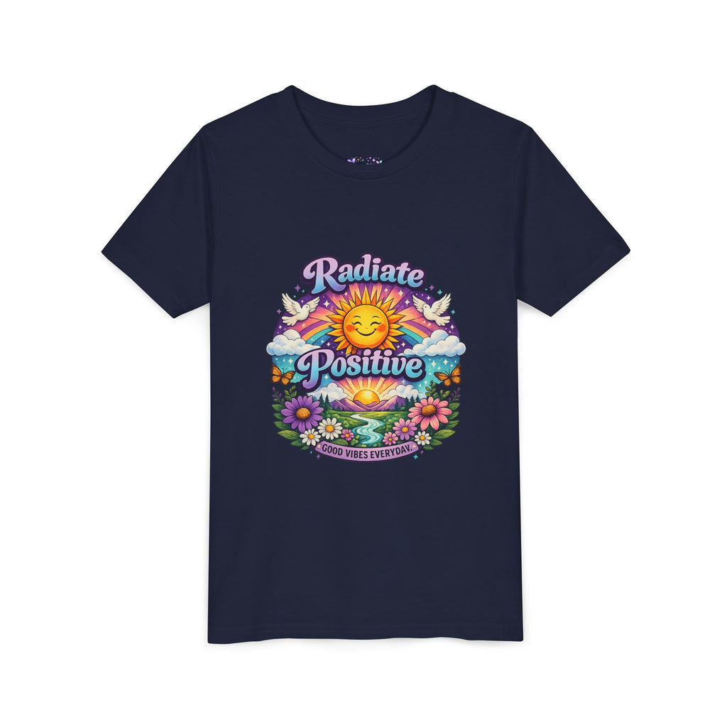 Youth Radiate Positive T-Shirt – Purple & Teal Retro Sunshine Inspirational Graphic Tee | Good Vibes Everyday Boho Floral Shirt | Motivational Mental Health Apparel