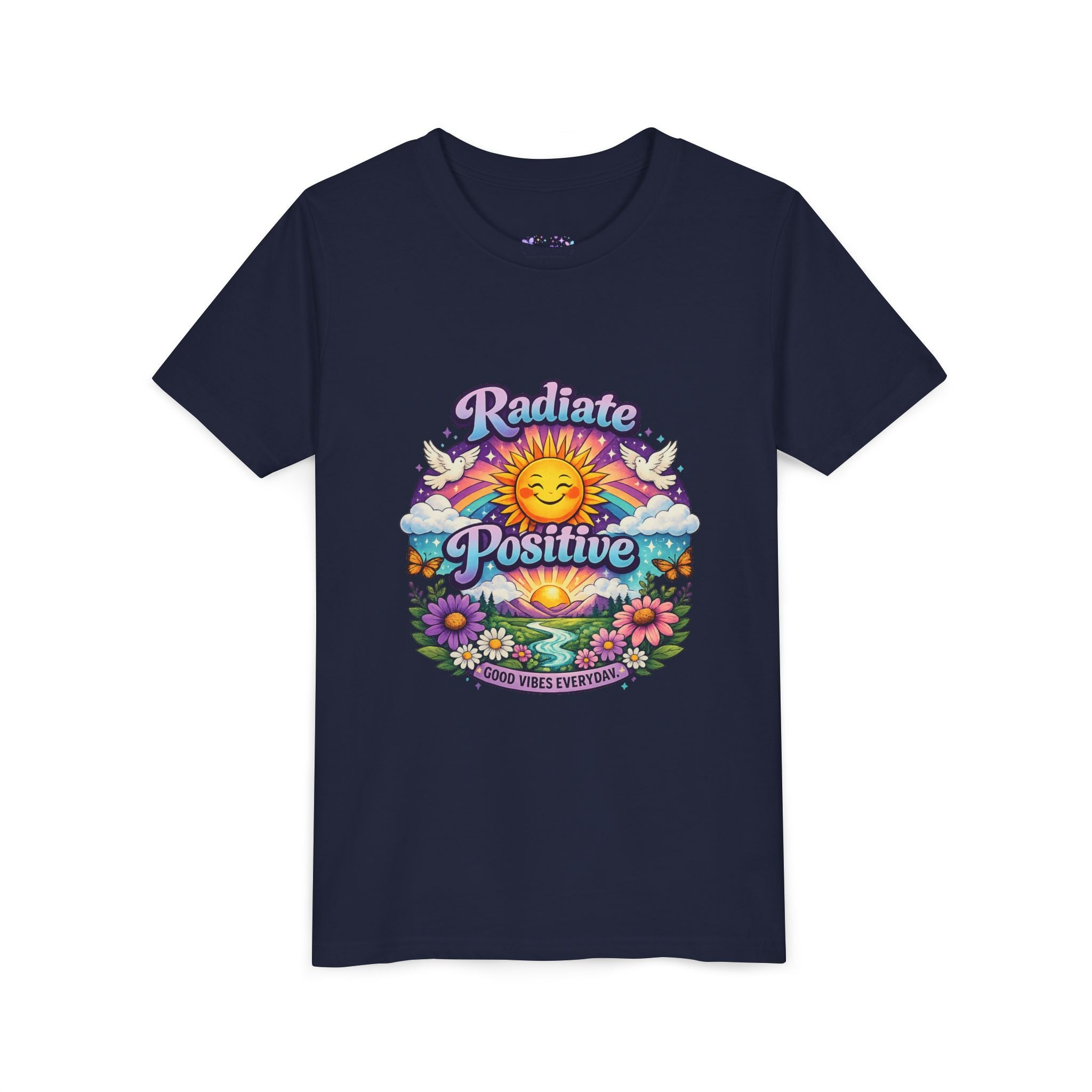 Youth Radiate Positive T-Shirt – Purple & Teal Retro Sunshine Inspirational Graphic Tee | Good Vibes Everyday Boho Floral Shirt | Motivational Mental Health Apparel