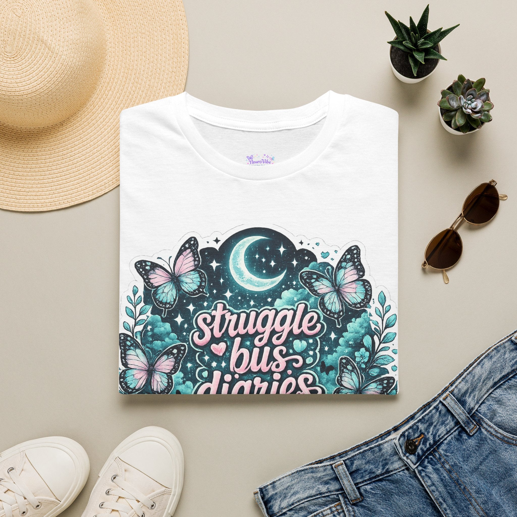 Struggle Bus Diaries Moon Shirt | Neurodivergent Mom Gift | ADHD Autism Awareness Tee | Butterfly Graphic Shirt | NeuroVibe Apparel