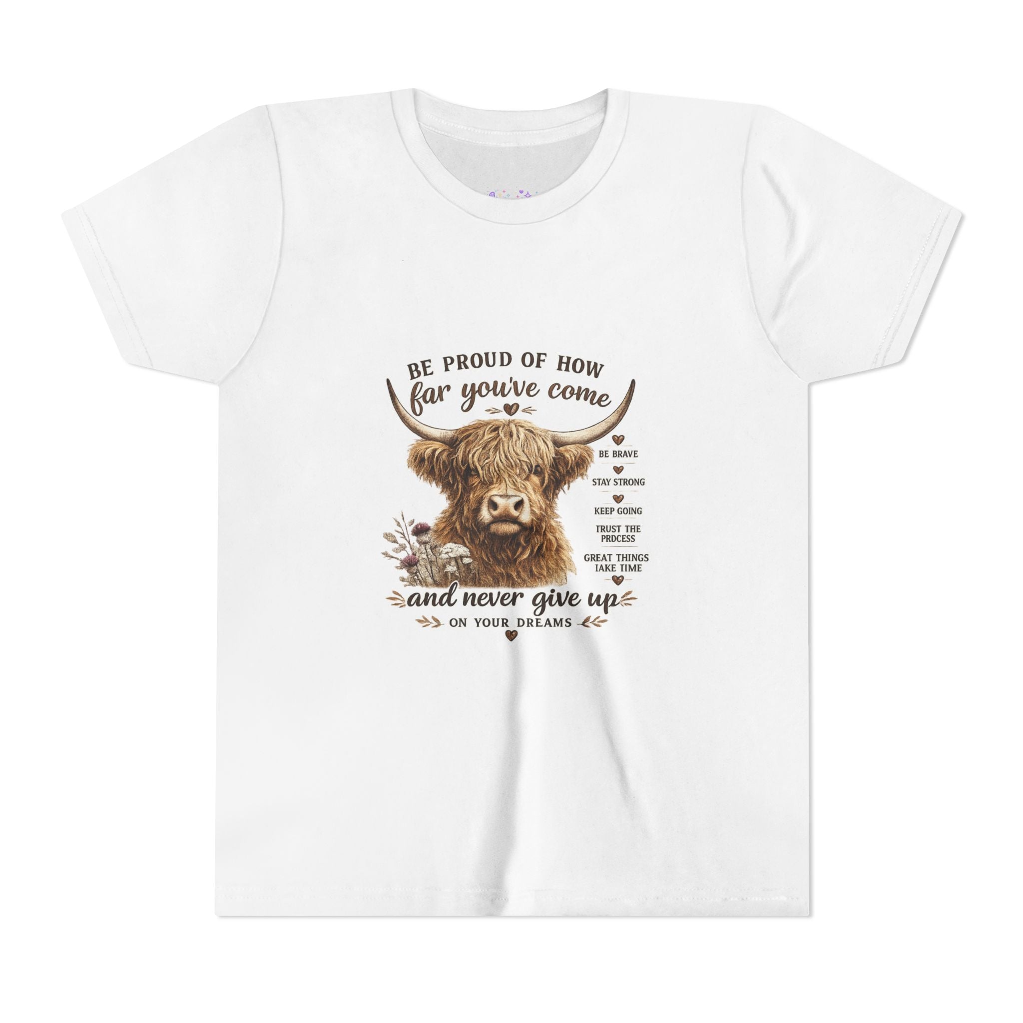 Highland Cow Kids T-Shirt | Be Proud of How Far You’ve Come Motivational Youth Tee | Inspirational Farm Animal Shirt for Boys & Girls