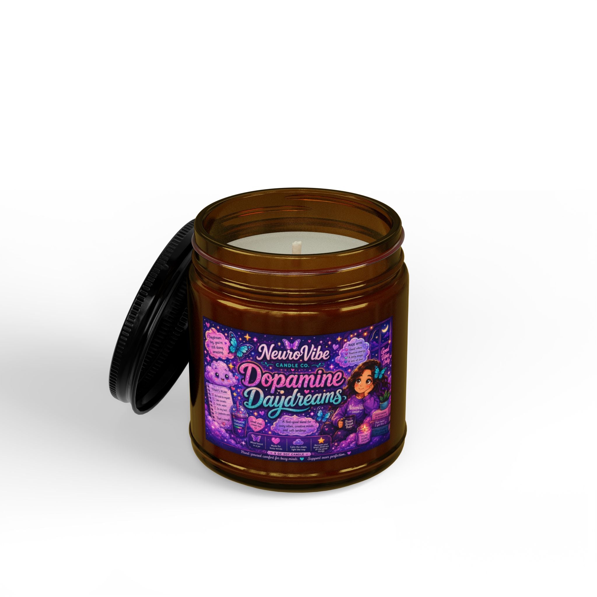 Dopamine Daydreams Scented Soy Candle — 4oz & 9oz Amber Jar with Black Lid