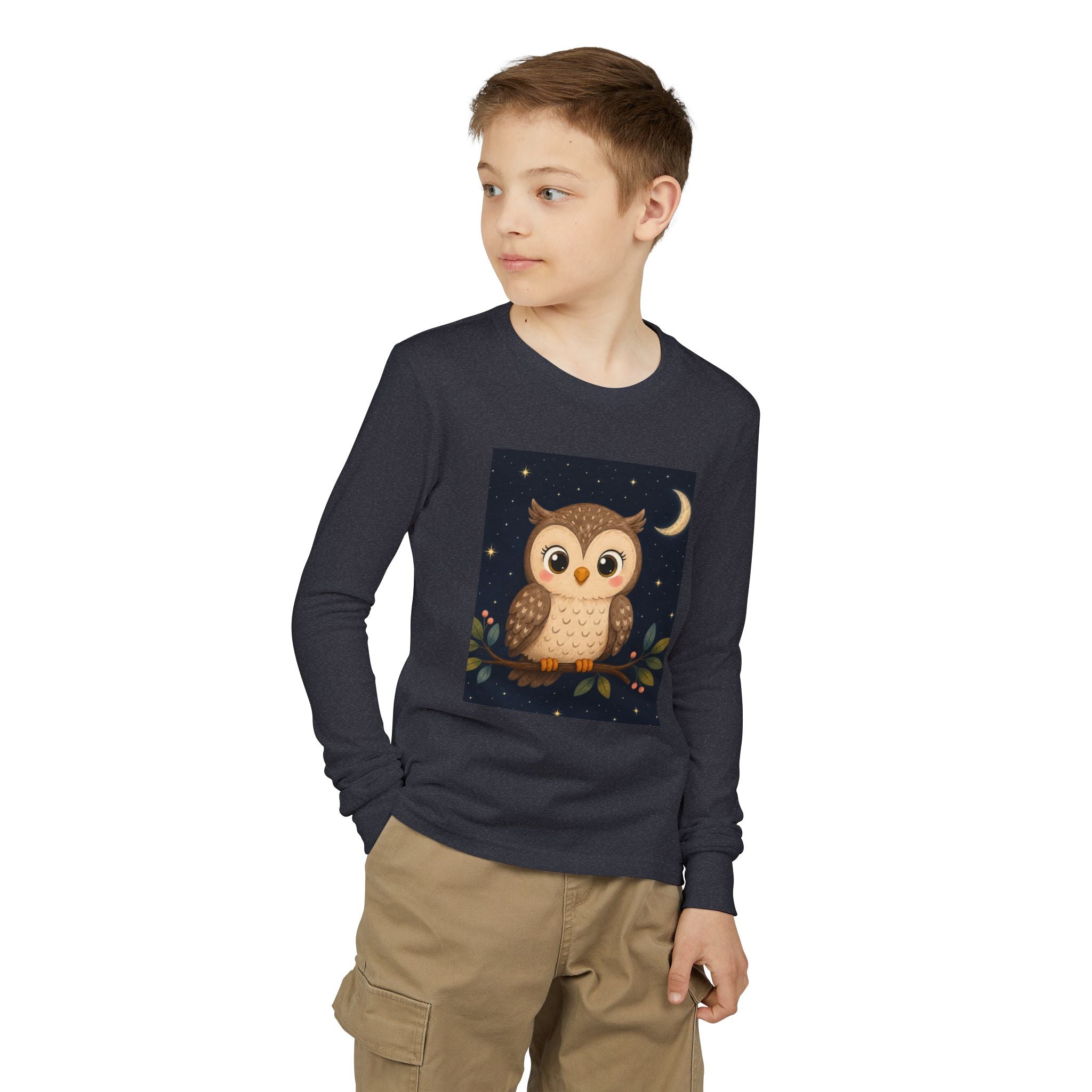 Cute Owl Youth Long Sleeve Shirt | Moon & Stars Night Owl Kids Graphic Tee | NeuroVibe Shop™
