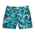 Teal Tropical Wave Men’s Swim Trunks | Ocean Surf Board Shorts | Beach Vacation Swimwear | Palm Tree & Sea Turtle Graphic Shorts