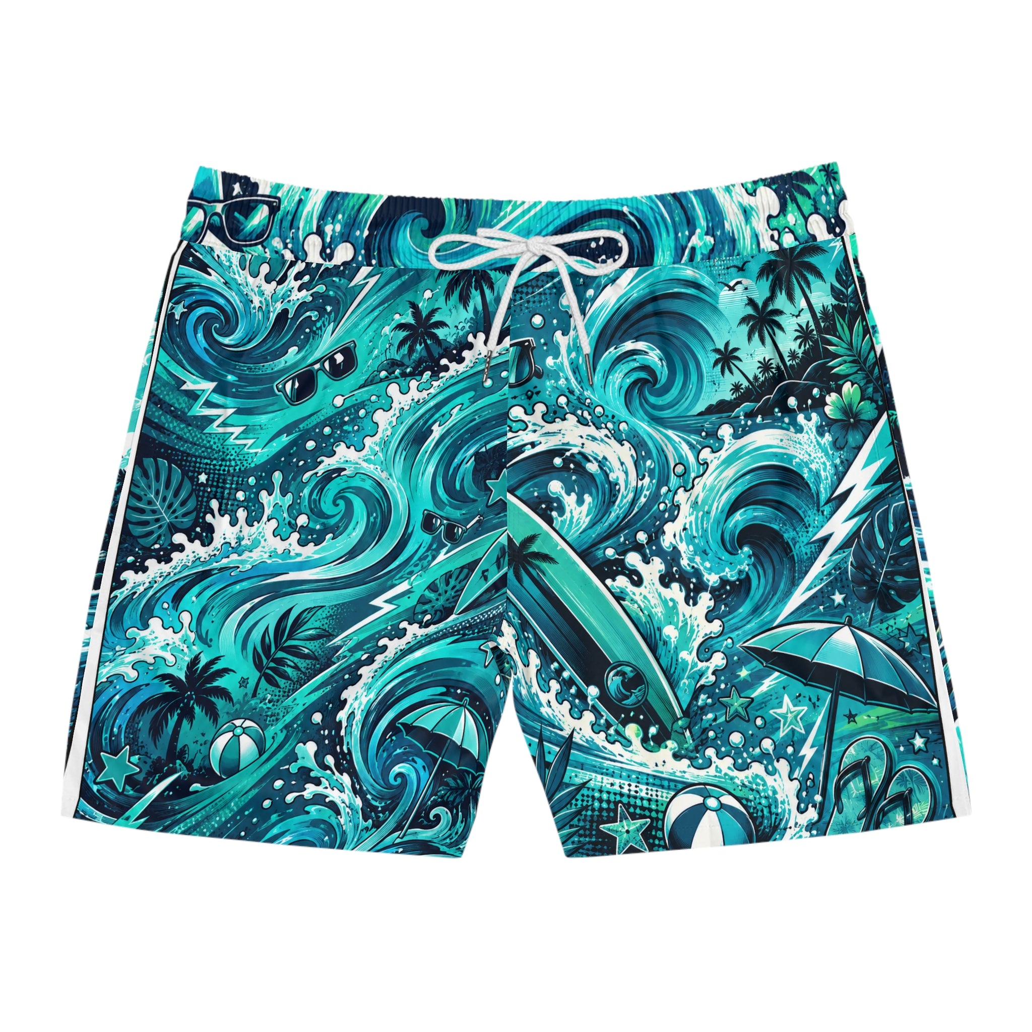 Teal Tropical Wave Men’s Swim Trunks | Ocean Surf Board Shorts | Beach Vacation Swimwear | Palm Tree & Sea Turtle Graphic Shorts