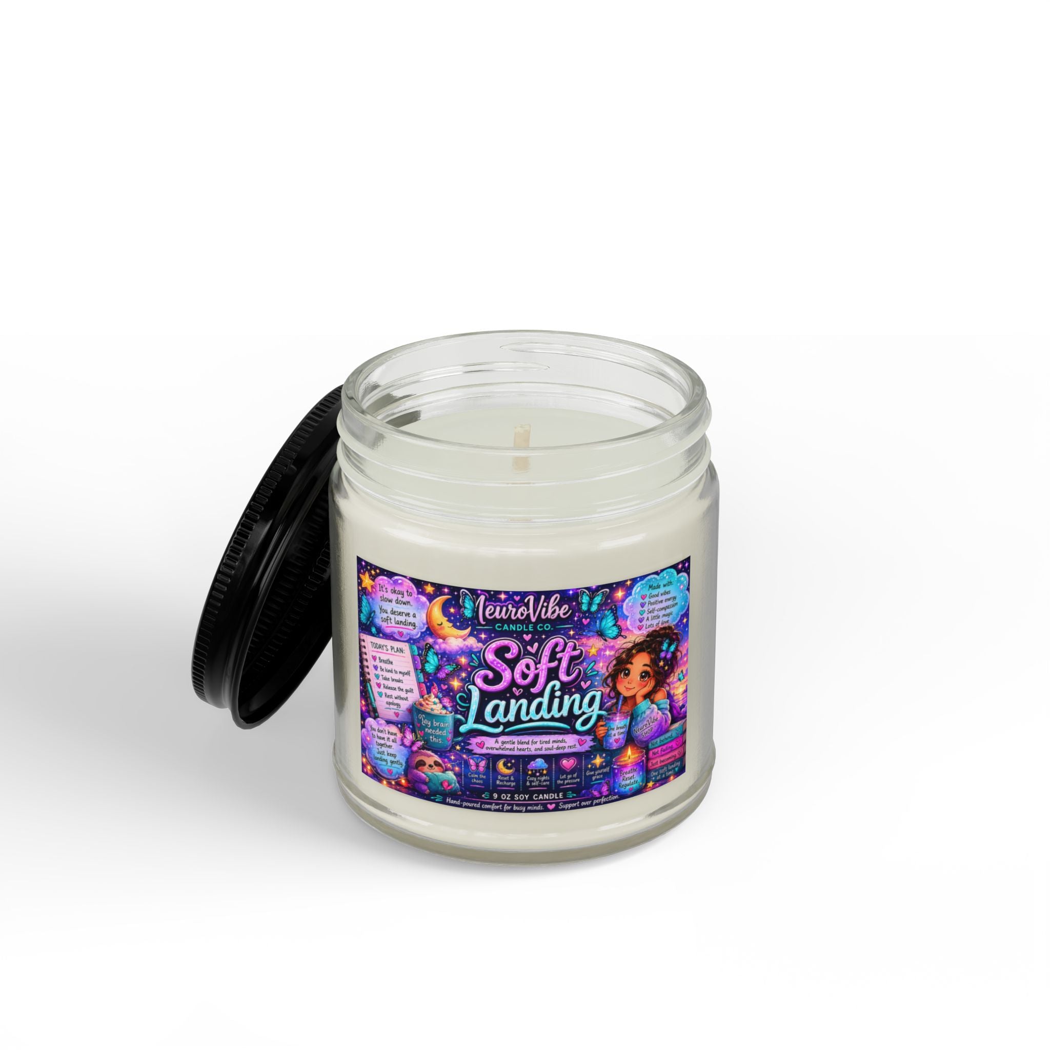 Soft Landing Scented Soy Candle — Calming Aromatherapy Jar (4oz & 9oz, Black Lid)
