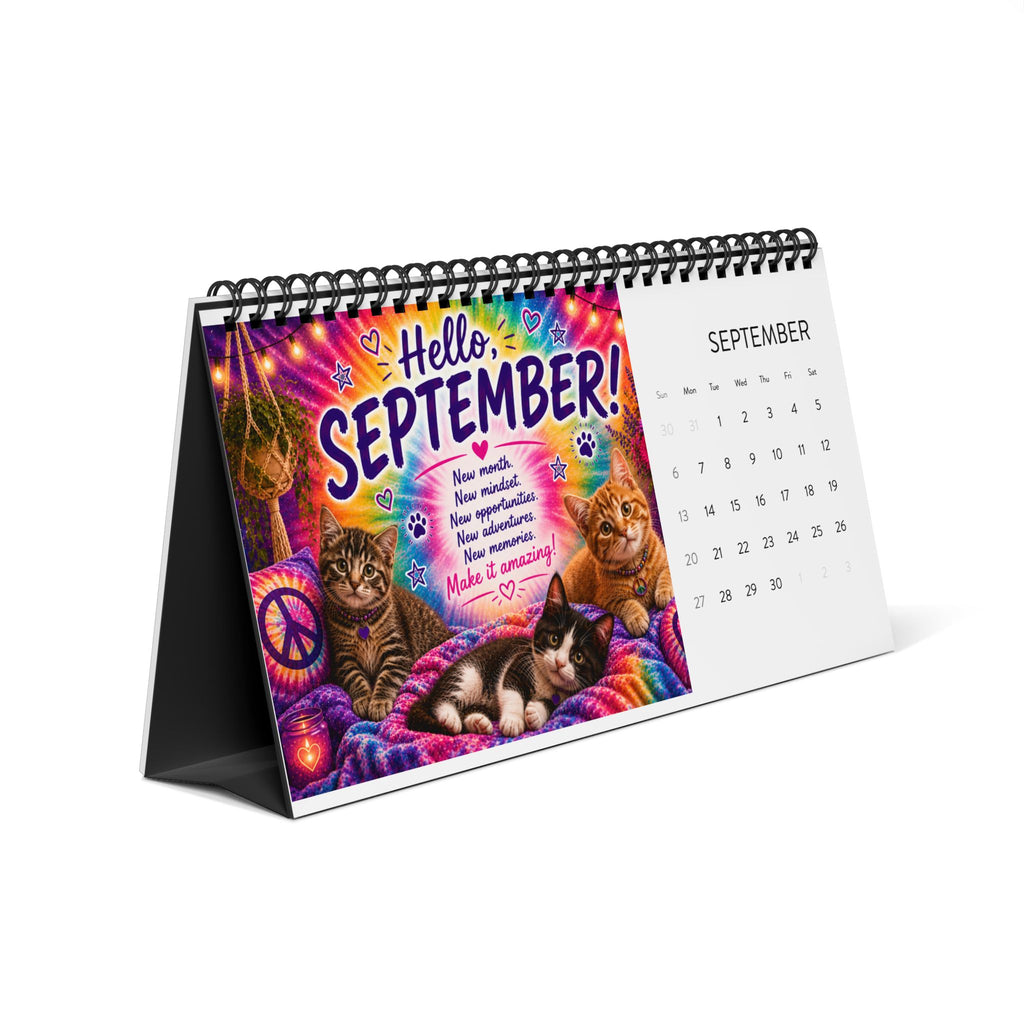2026 Hello Kitty Vibes Desk Calendar | Tie Dye Cat Calendar | Monthly Inspirational Quotes | Colorful Kittens & Positive Vibes Gift