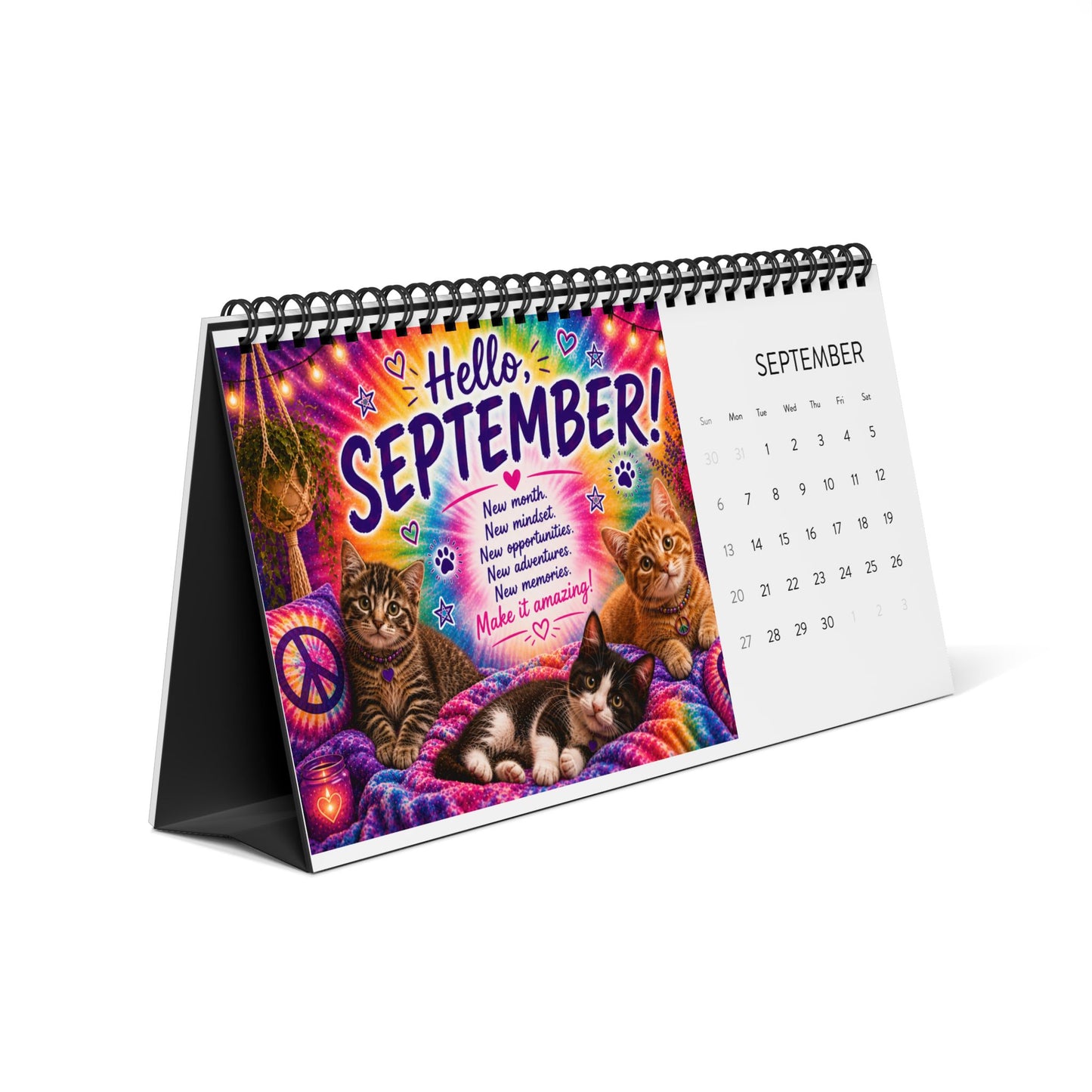 2026 Hello Kitty Vibes Desk Calendar | Tie Dye Cat Calendar | Monthly Inspirational Quotes | Colorful Kittens & Positive Vibes Gift