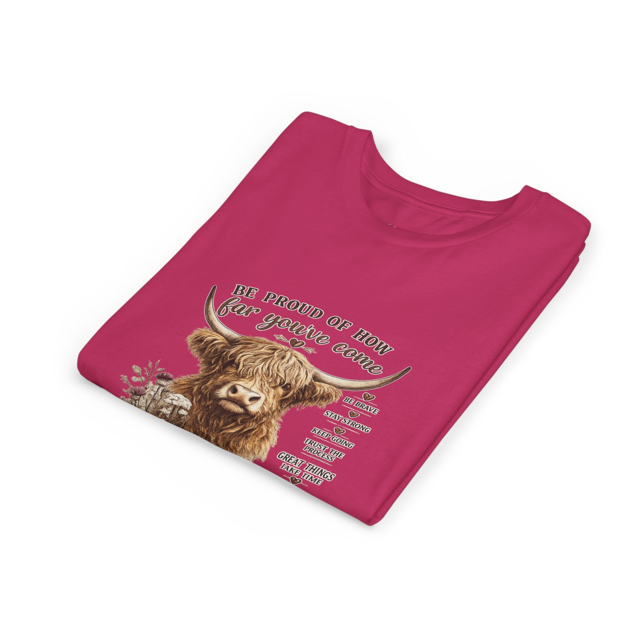 Highland Cow Kids T-Shirt | Be Proud of How Far You’ve Come Motivational Youth Tee | Inspirational Farm Animal Shirt for Boys & Girls