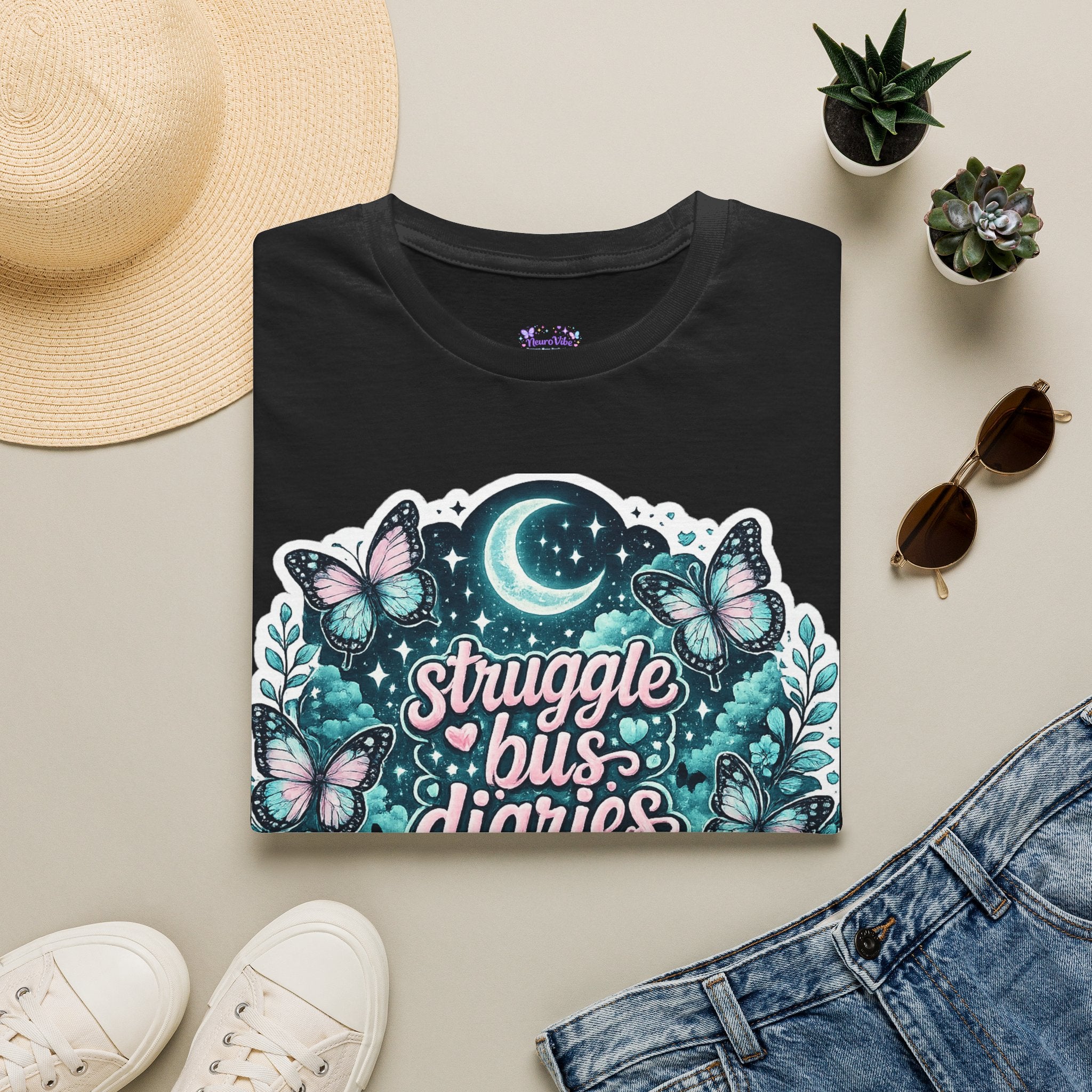Struggle Bus Diaries Moon Shirt | Neurodivergent Mom Gift | ADHD Autism Awareness Tee | Butterfly Graphic Shirt | NeuroVibe Apparel