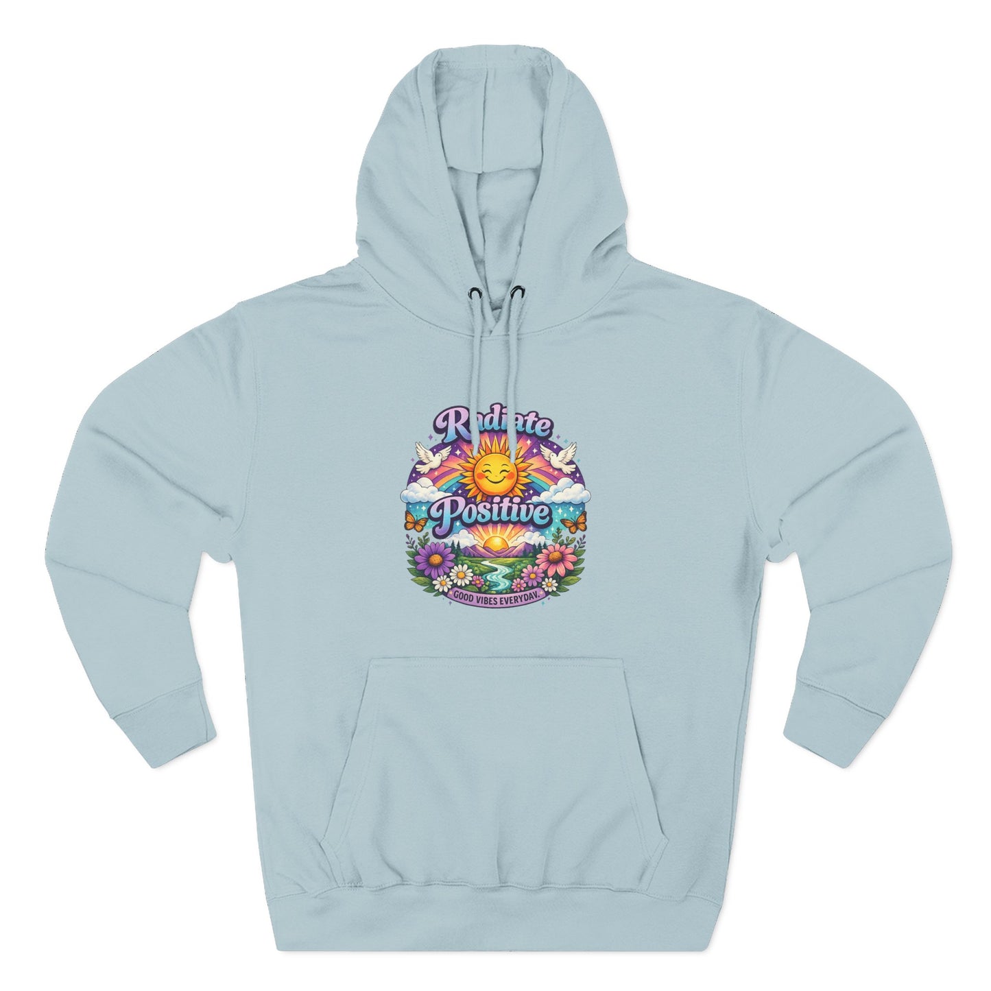 Radiate Positive Hoodie – Front Graphic with Cuddle Crew Back Design | Purple Teal Sunshine Hoodie | Positive Vibes Mental Health Apparel