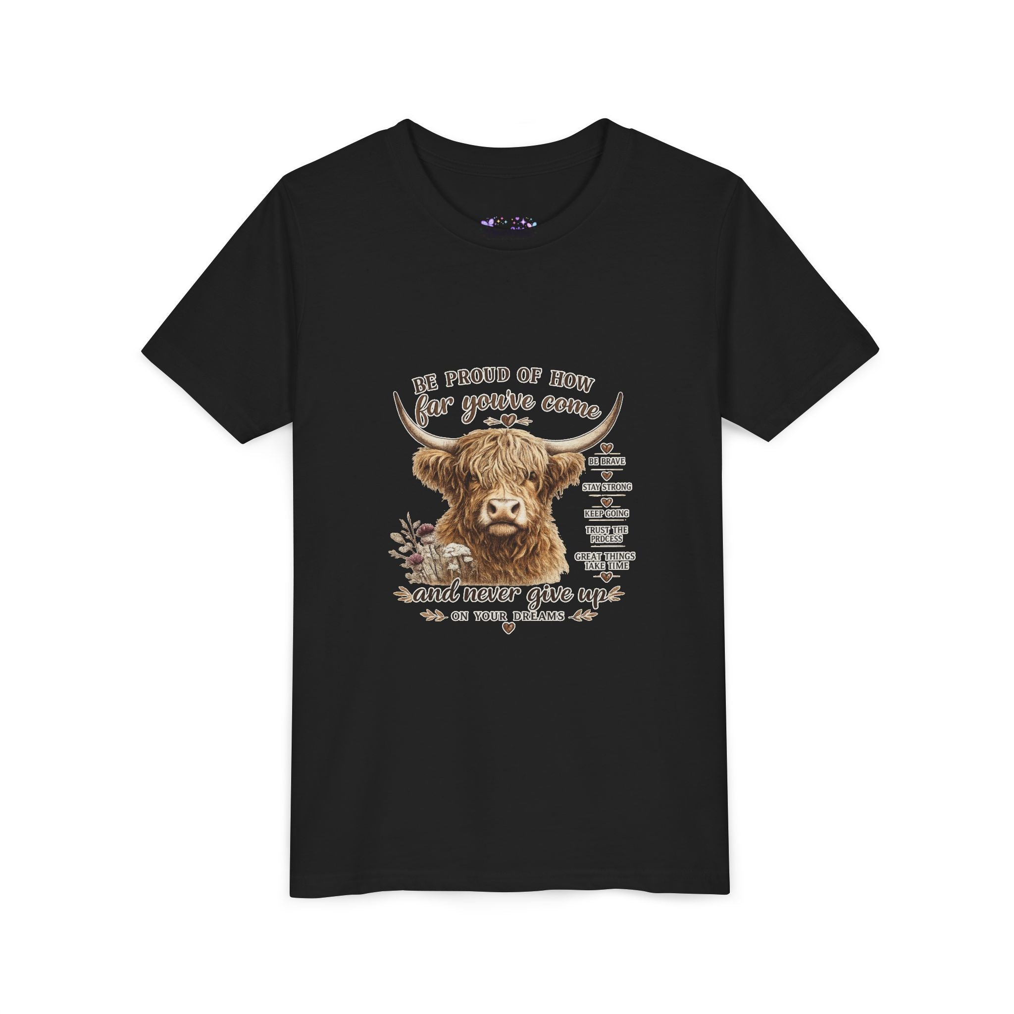 Highland Cow Kids T-Shirt | Be Proud of How Far You’ve Come Motivational Youth Tee | Inspirational Farm Animal Shirt for Boys & Girls