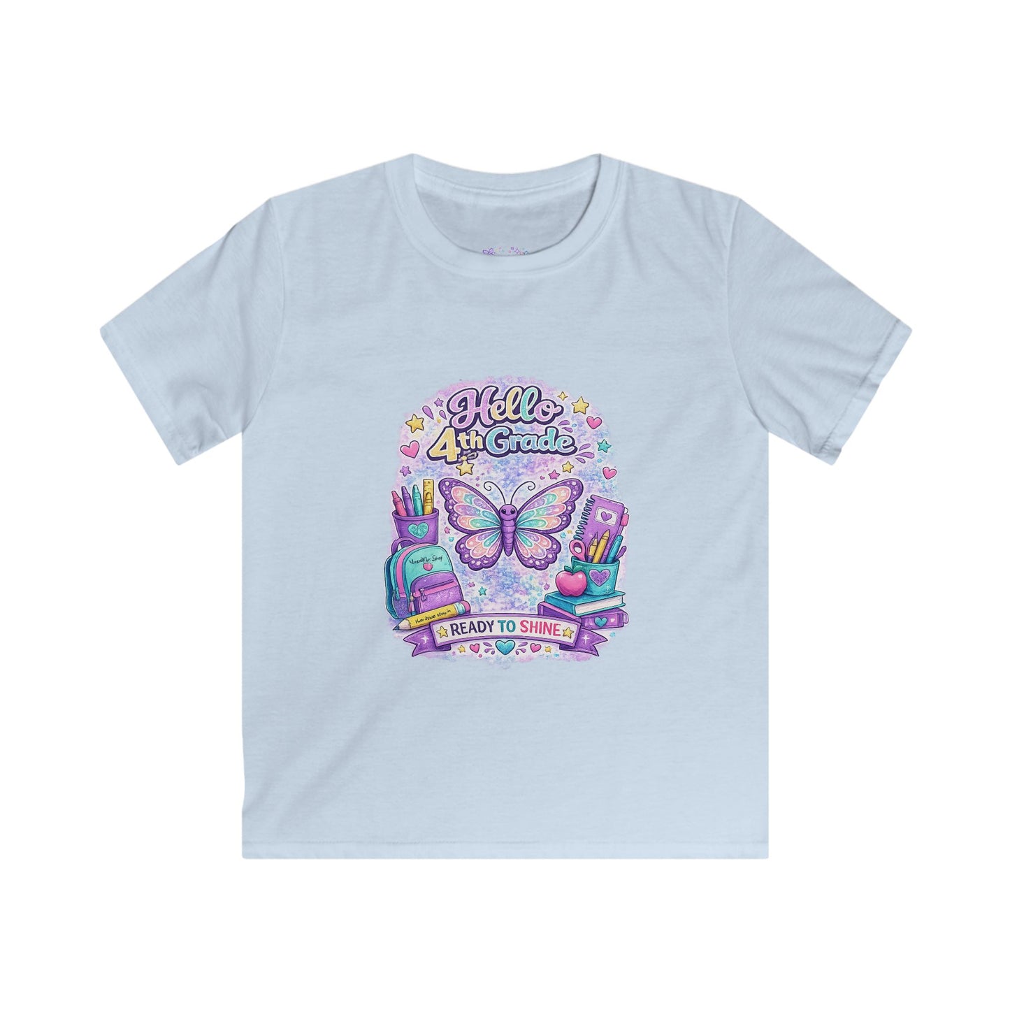 Hello 4th Grade Ready to Shine T-Shirt | Fourth Grade Butterfly Shirt | First Day of School Tee | Back to School Kids Apparel 🦋🎒📚💜✨