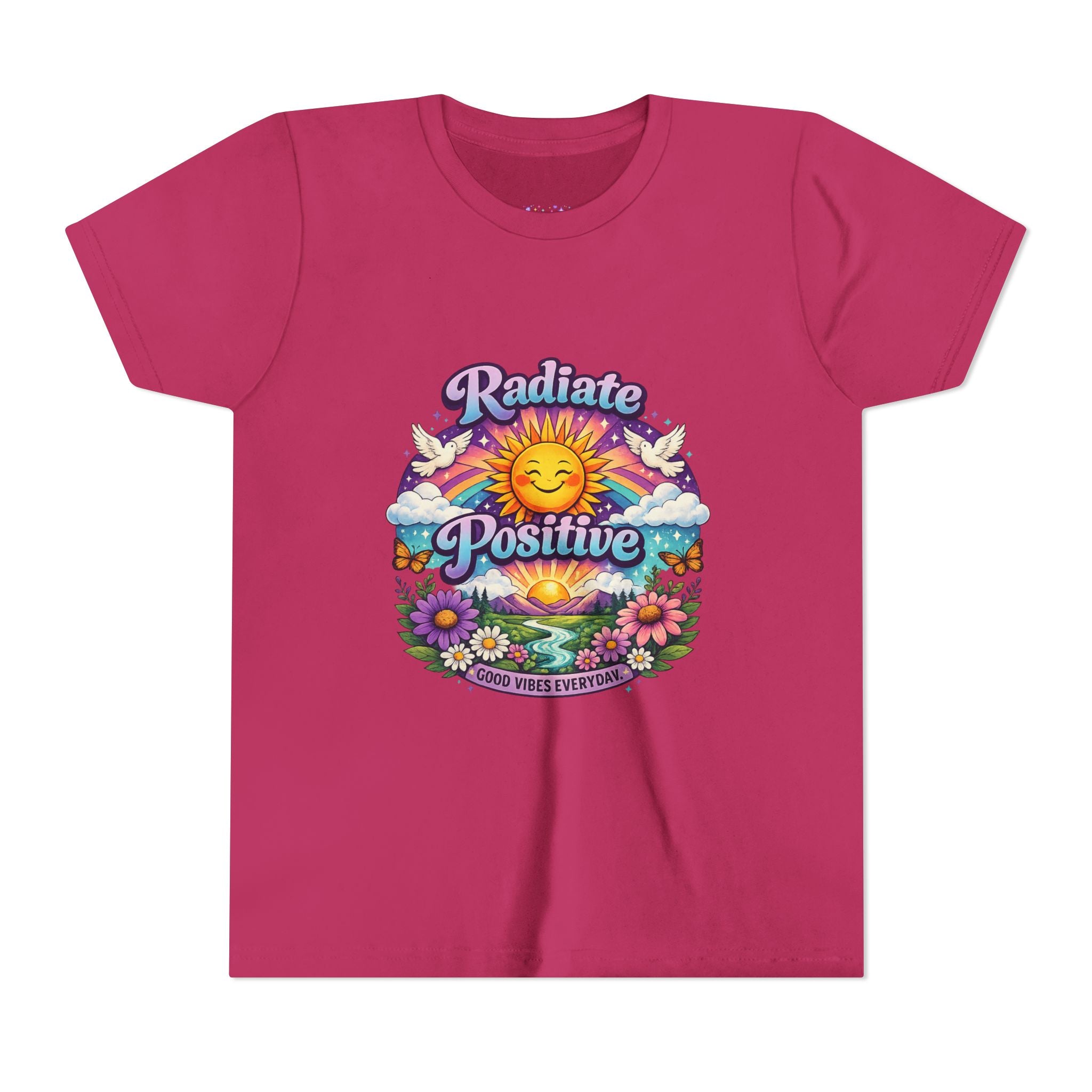 Youth Radiate Positive T-Shirt – Purple & Teal Retro Sunshine Inspirational Graphic Tee | Good Vibes Everyday Boho Floral Shirt | Motivational Mental Health Apparel