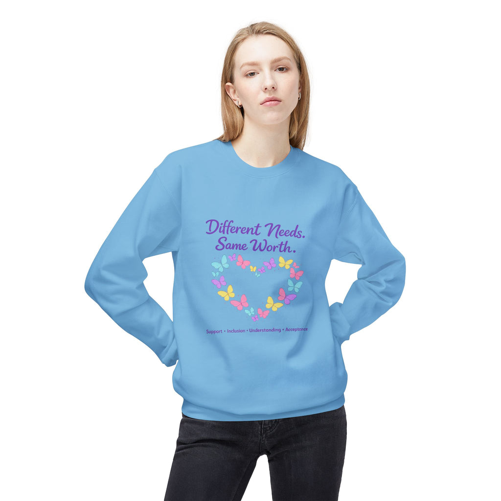 Different Needs Same Worth Crewneck | Special Needs Awareness Sweatshirt | Neurodiversity Acceptance Butterfly Sweatshirt | Inclusion Support Sweatshirt