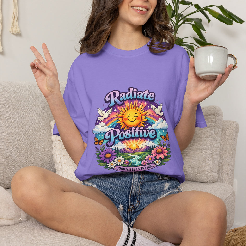 Radiate Positive Shirt – Groovy Purple & Teal Sunshine Floral Tee | Mental Health Awareness Gift