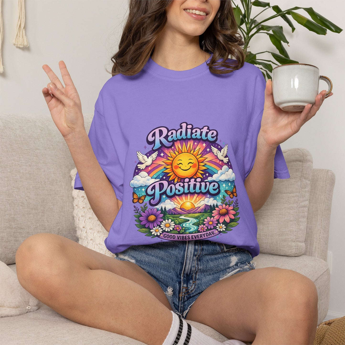 Radiate Positive Shirt – Groovy Purple & Teal Sunshine Floral Tee | Mental Health Awareness Gift