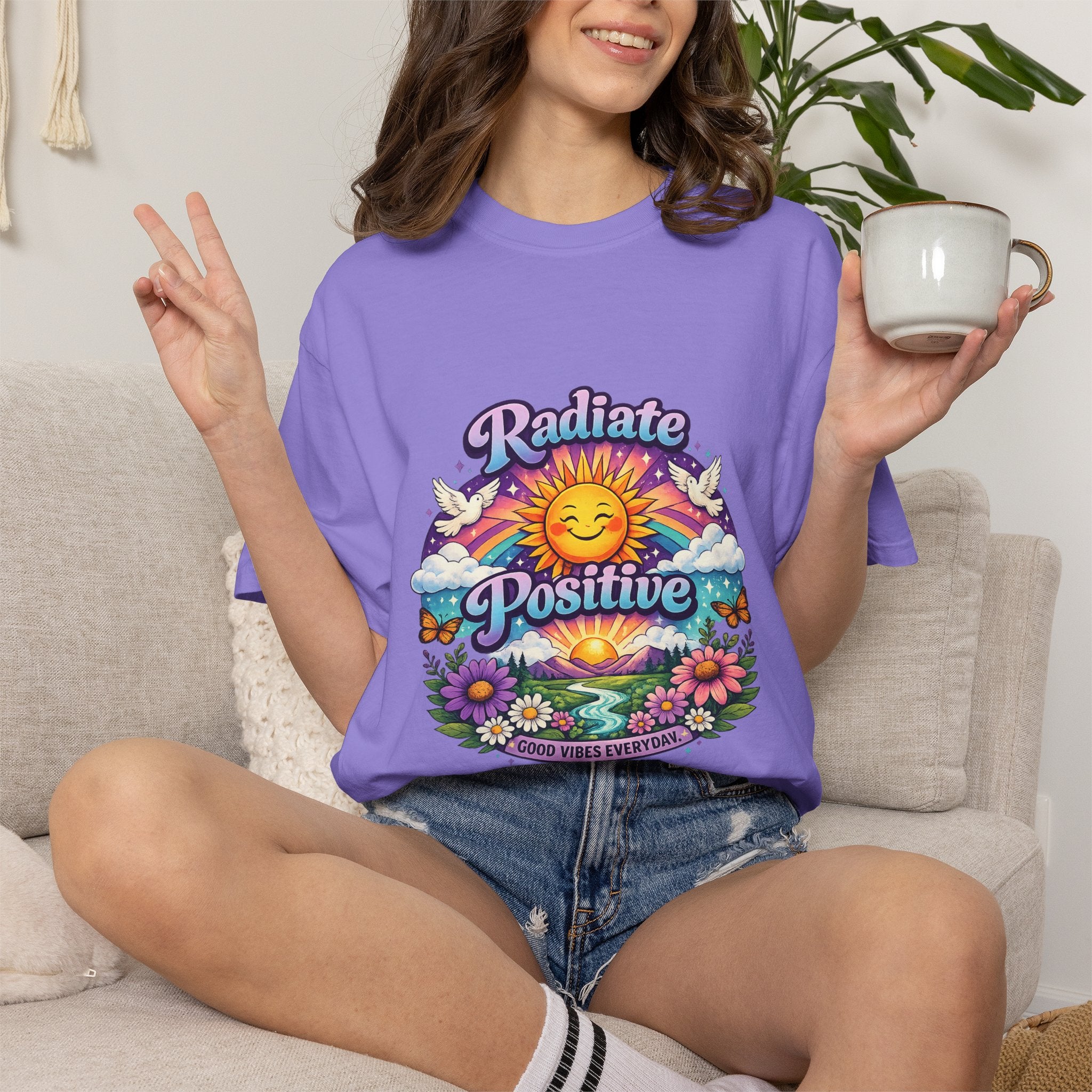 Radiate Positive Shirt – Groovy Purple & Teal Sunshine Floral Tee | Mental Health Awareness Gift