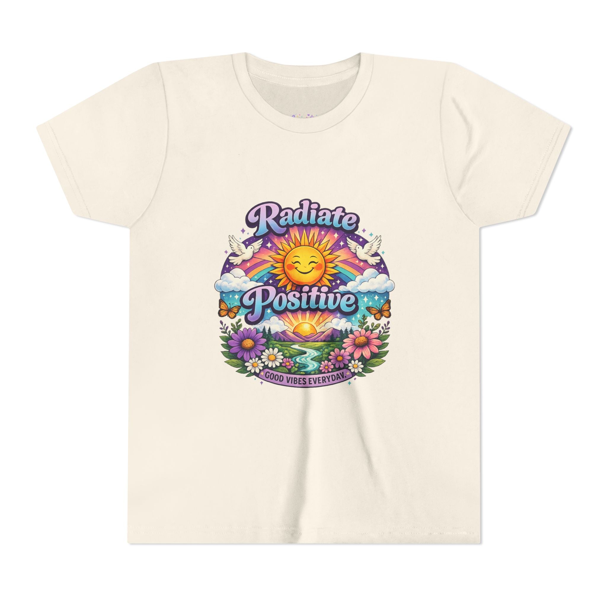 Youth Radiate Positive T-Shirt – Purple & Teal Retro Sunshine Inspirational Graphic Tee | Good Vibes Everyday Boho Floral Shirt | Motivational Mental Health Apparel