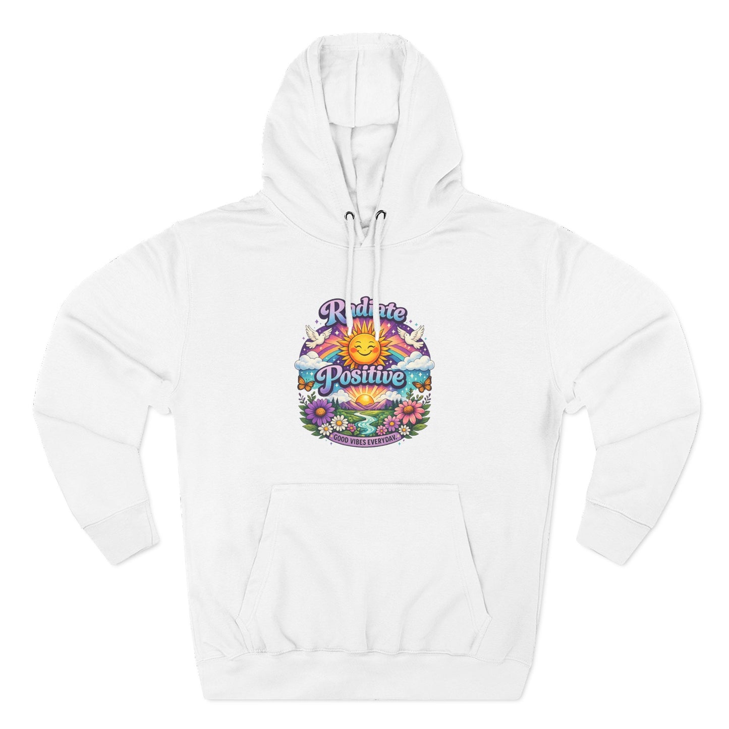 Radiate Positive Hoodie – Front Graphic with Cuddle Crew Back Design | Purple Teal Sunshine Hoodie | Positive Vibes Mental Health Apparel