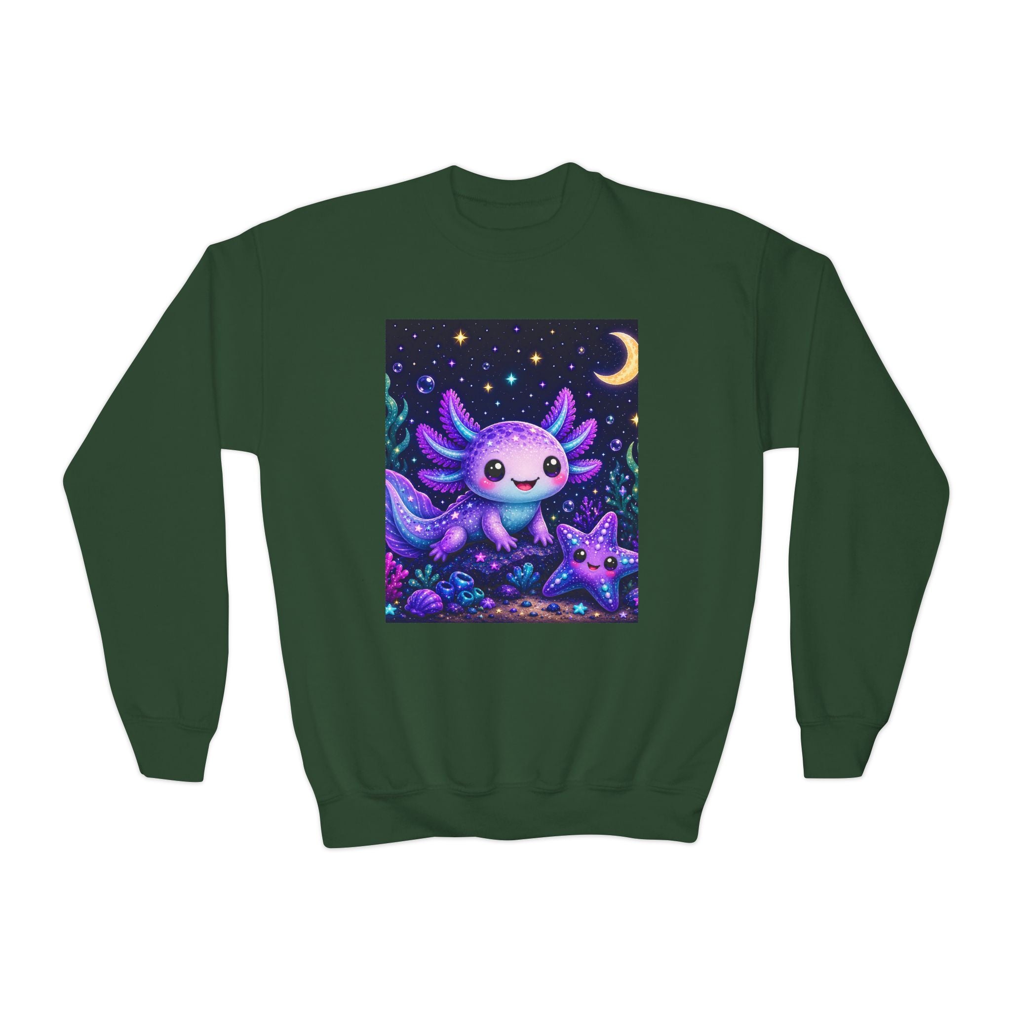 Axolotl Moonlight Youth Crewneck Sweatshirt | Cute Kawaii Night Sky Kids Pullover | NeuroVibe Shop™
