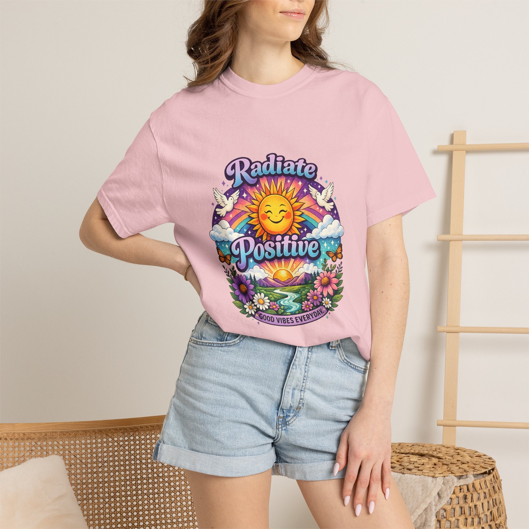 Radiate Positive Shirt – Groovy Purple & Teal Sunshine Floral Tee | Mental Health Awareness Gift