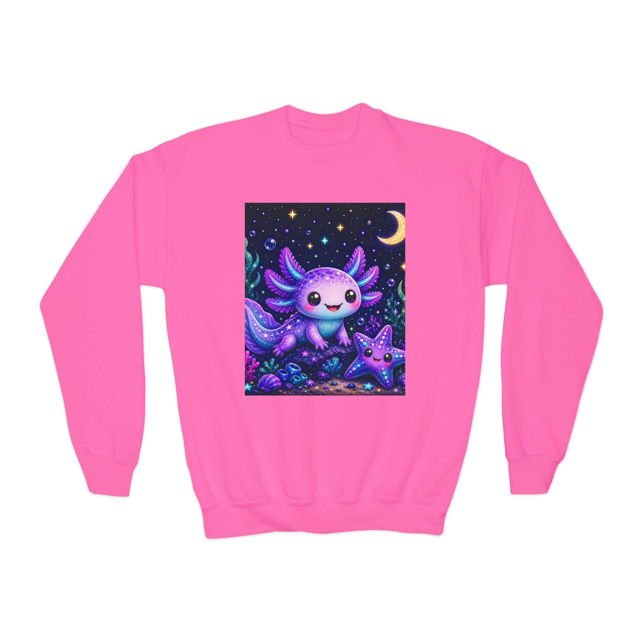 Axolotl Moonlight Youth Crewneck Sweatshirt | Cute Kawaii Night Sky Kids Pullover | NeuroVibe Shop™