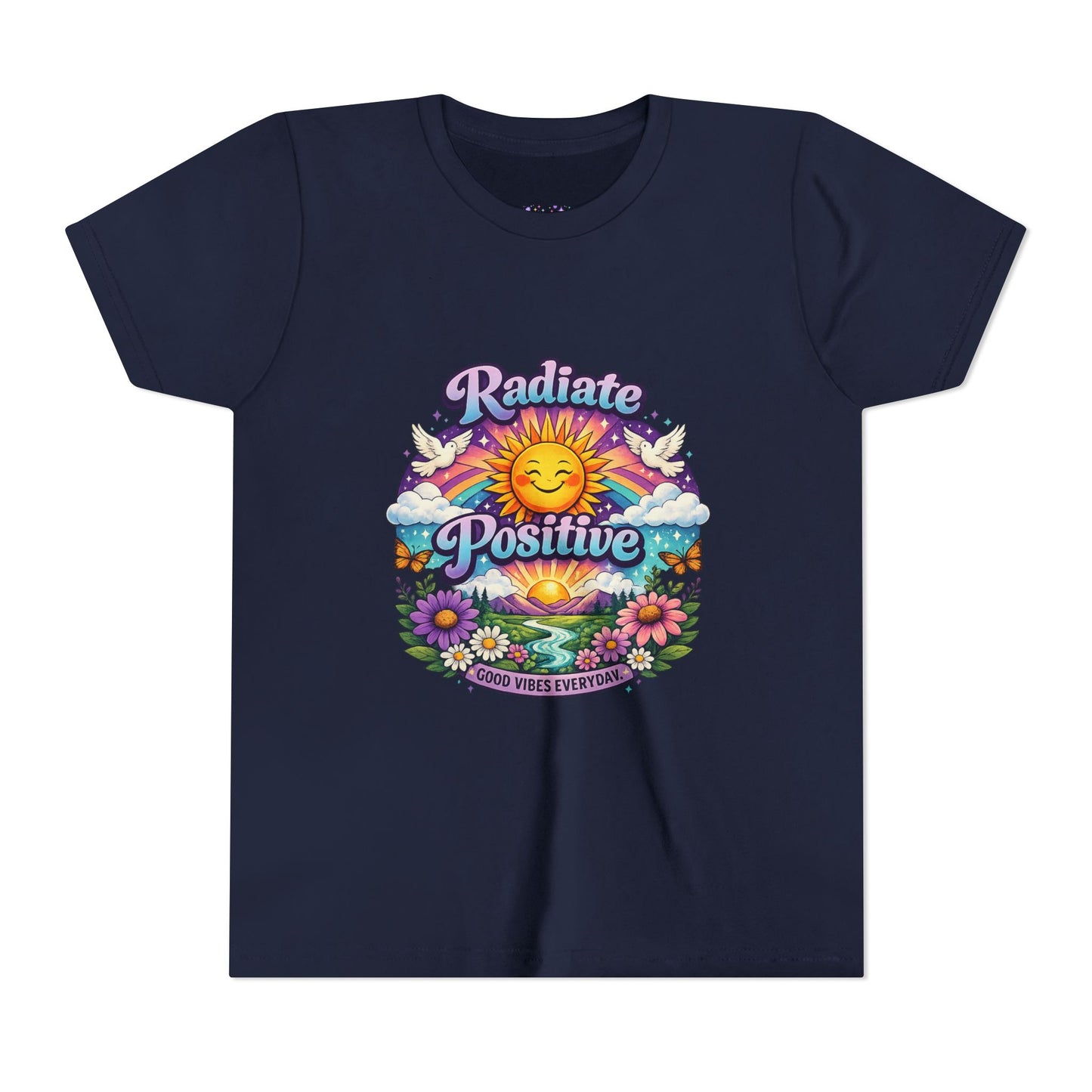 Youth Radiate Positive T-Shirt – Purple & Teal Retro Sunshine Inspirational Graphic Tee | Good Vibes Everyday Boho Floral Shirt | Motivational Mental Health Apparel