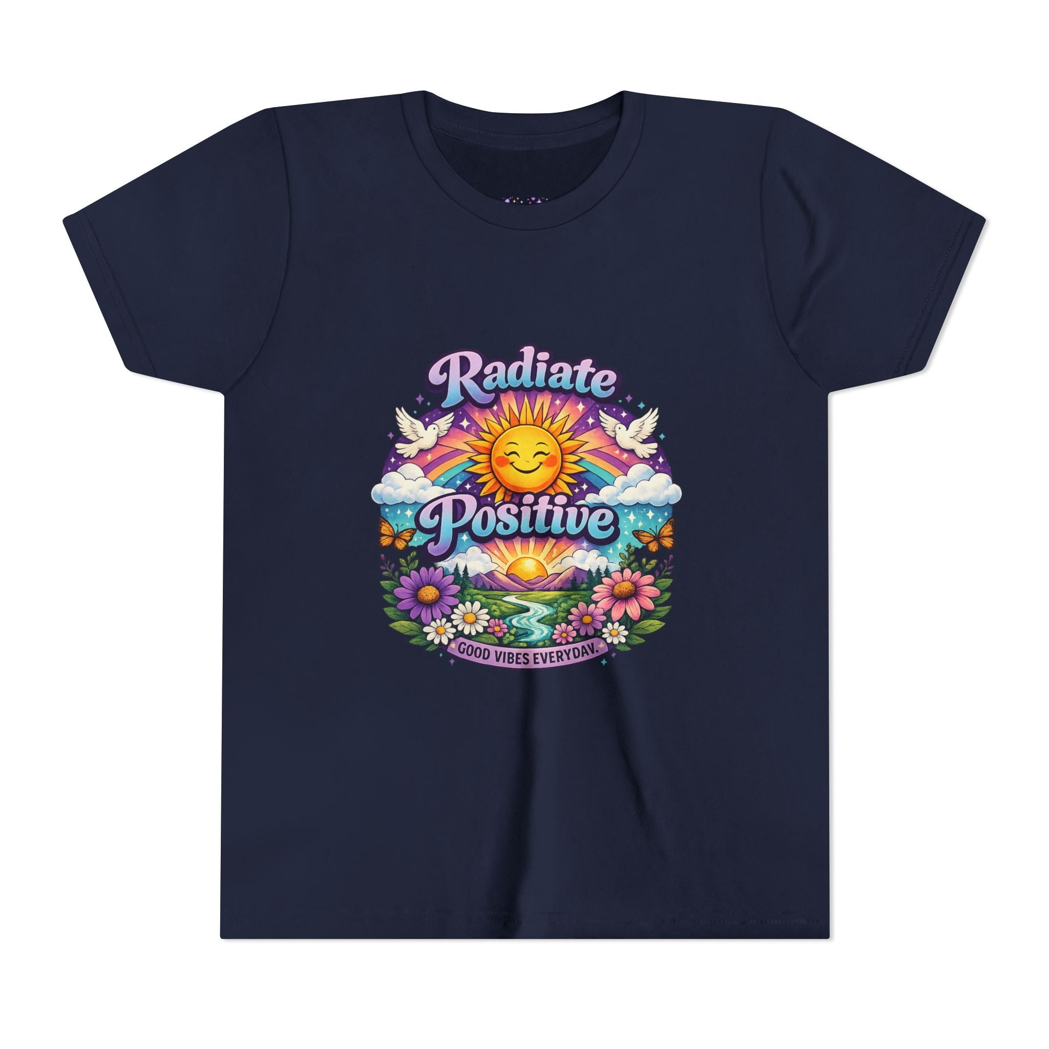 Youth Radiate Positive T-Shirt – Purple & Teal Retro Sunshine Inspirational Graphic Tee | Good Vibes Everyday Boho Floral Shirt | Motivational Mental Health Apparel