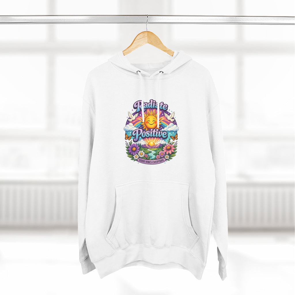 Radiate Positive Hoodie – Front Graphic with Cuddle Crew Back Design | Purple Teal Sunshine Hoodie | Positive Vibes Mental Health Apparel
