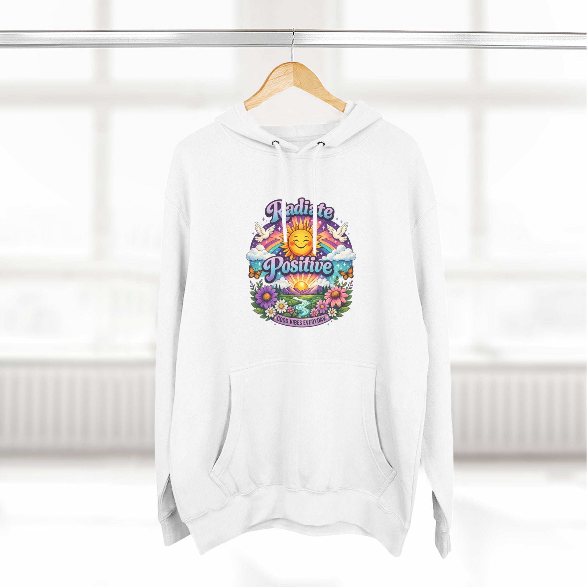 Radiate Positive Hoodie – Front Graphic with Cuddle Crew Back Design | Purple Teal Sunshine Hoodie | Positive Vibes Mental Health Apparel
