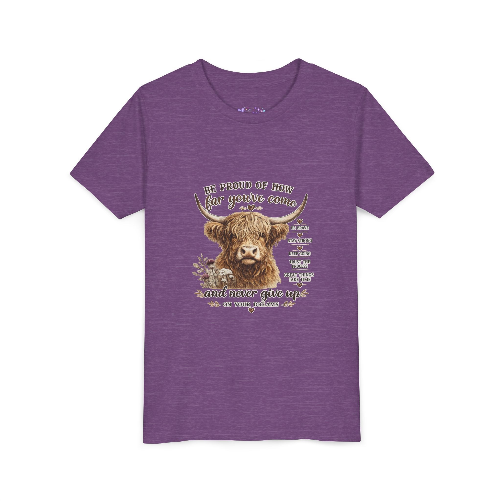 Highland Cow Kids T-Shirt | Be Proud of How Far You’ve Come Motivational Youth Tee | Inspirational Farm Animal Shirt for Boys & Girls