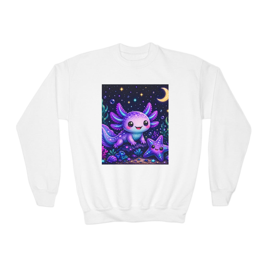 Axolotl Moonlight Youth Crewneck Sweatshirt | Cute Kawaii Night Sky Kids Pullover | NeuroVibe Shop™