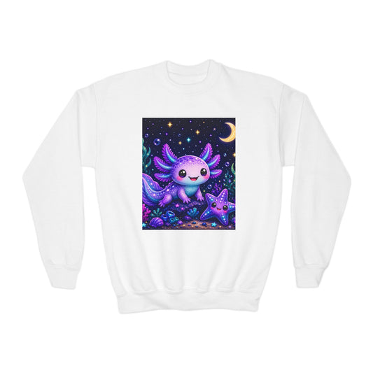 Axolotl Moonlight Youth Crewneck Sweatshirt | Cute Kawaii Night Sky Kids Pullover | NeuroVibe Shop™