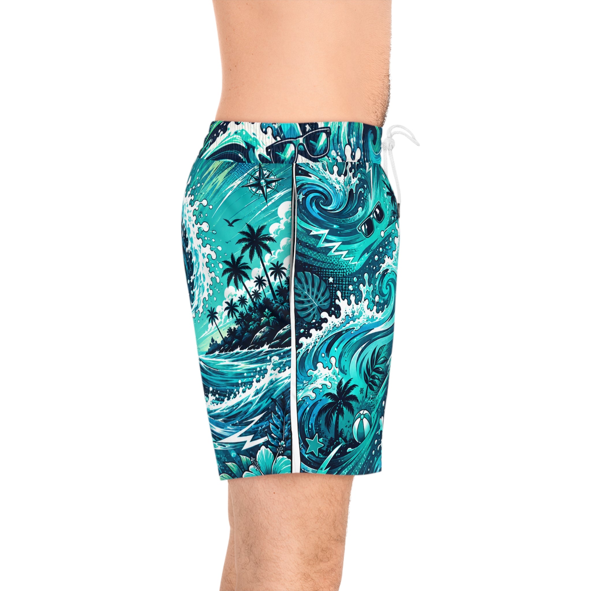 Teal Tropical Wave Men’s Swim Trunks | Ocean Surf Board Shorts | Beach Vacation Swimwear | Palm Tree & Sea Turtle Graphic Shorts
