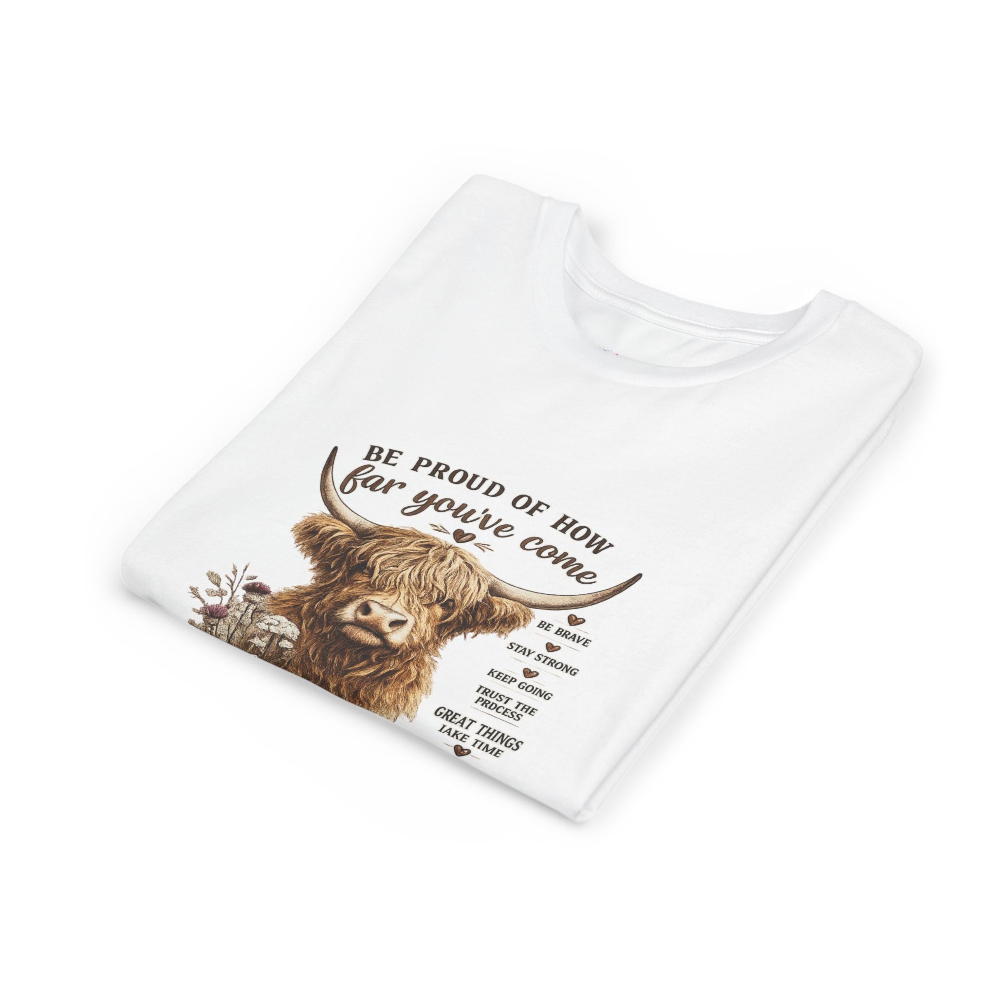 Highland Cow Kids T-Shirt | Be Proud of How Far You’ve Come Motivational Youth Tee | Inspirational Farm Animal Shirt for Boys & Girls