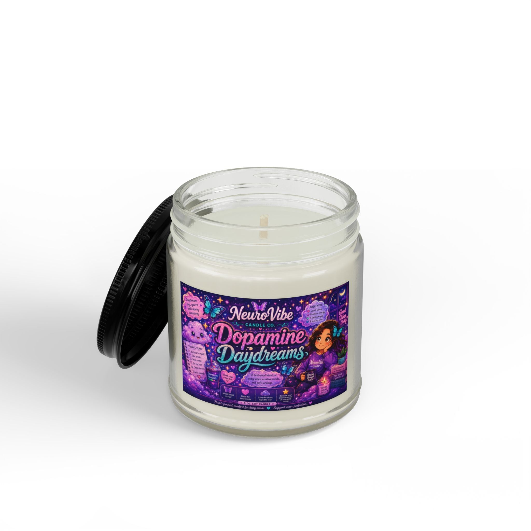 Dopamine Daydreams Scented Soy Candle — 4oz & 9oz Amber Jar with Black Lid