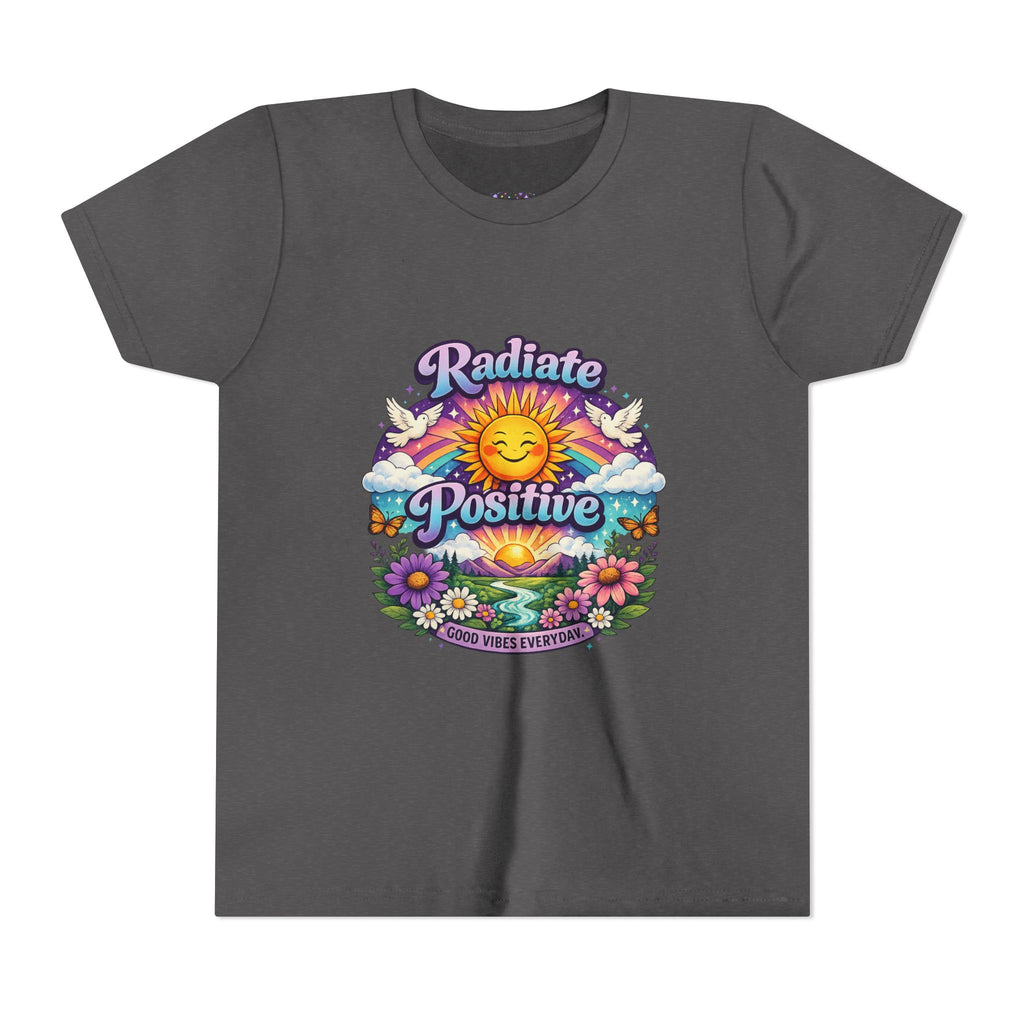 Youth Radiate Positive T-Shirt – Purple & Teal Retro Sunshine Inspirational Graphic Tee | Good Vibes Everyday Boho Floral Shirt | Motivational Mental Health Apparel