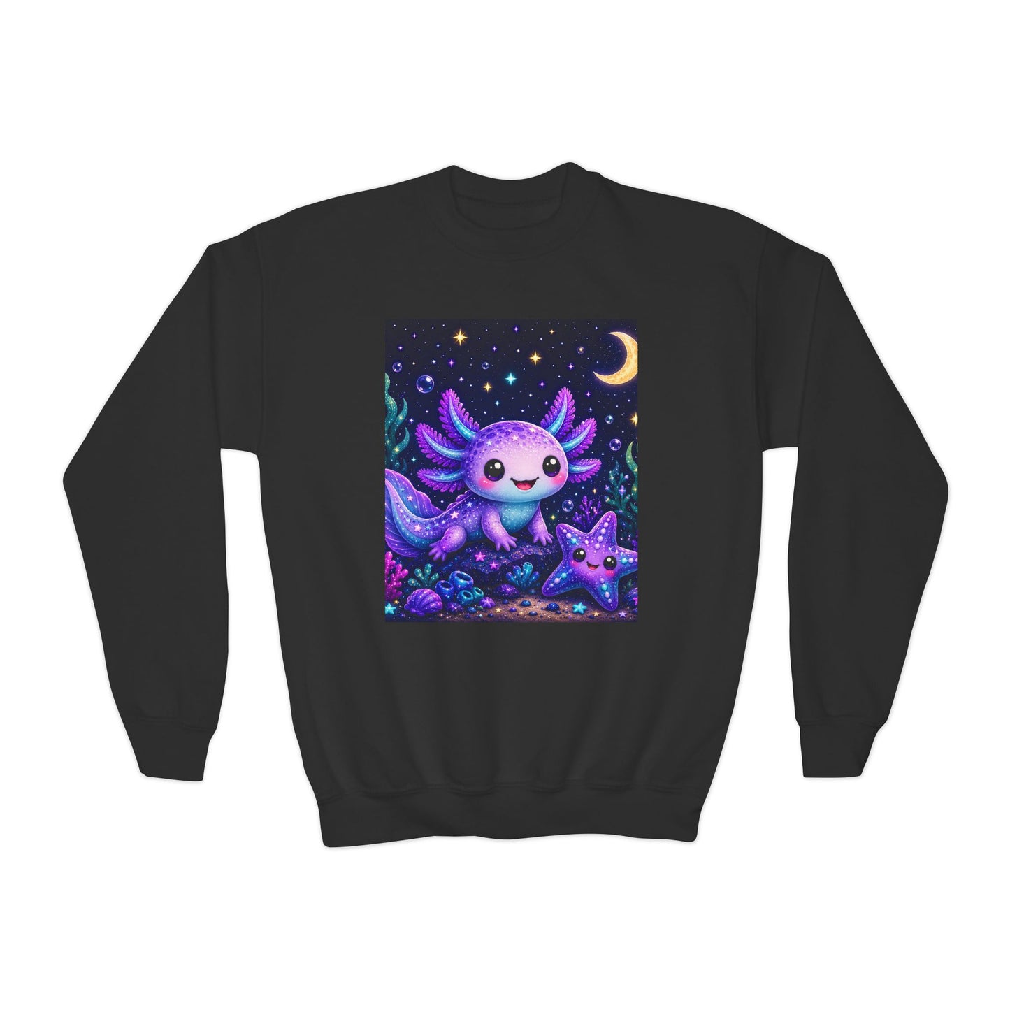 Axolotl Moonlight Youth Crewneck Sweatshirt | Cute Kawaii Night Sky Kids Pullover | NeuroVibe Shop™