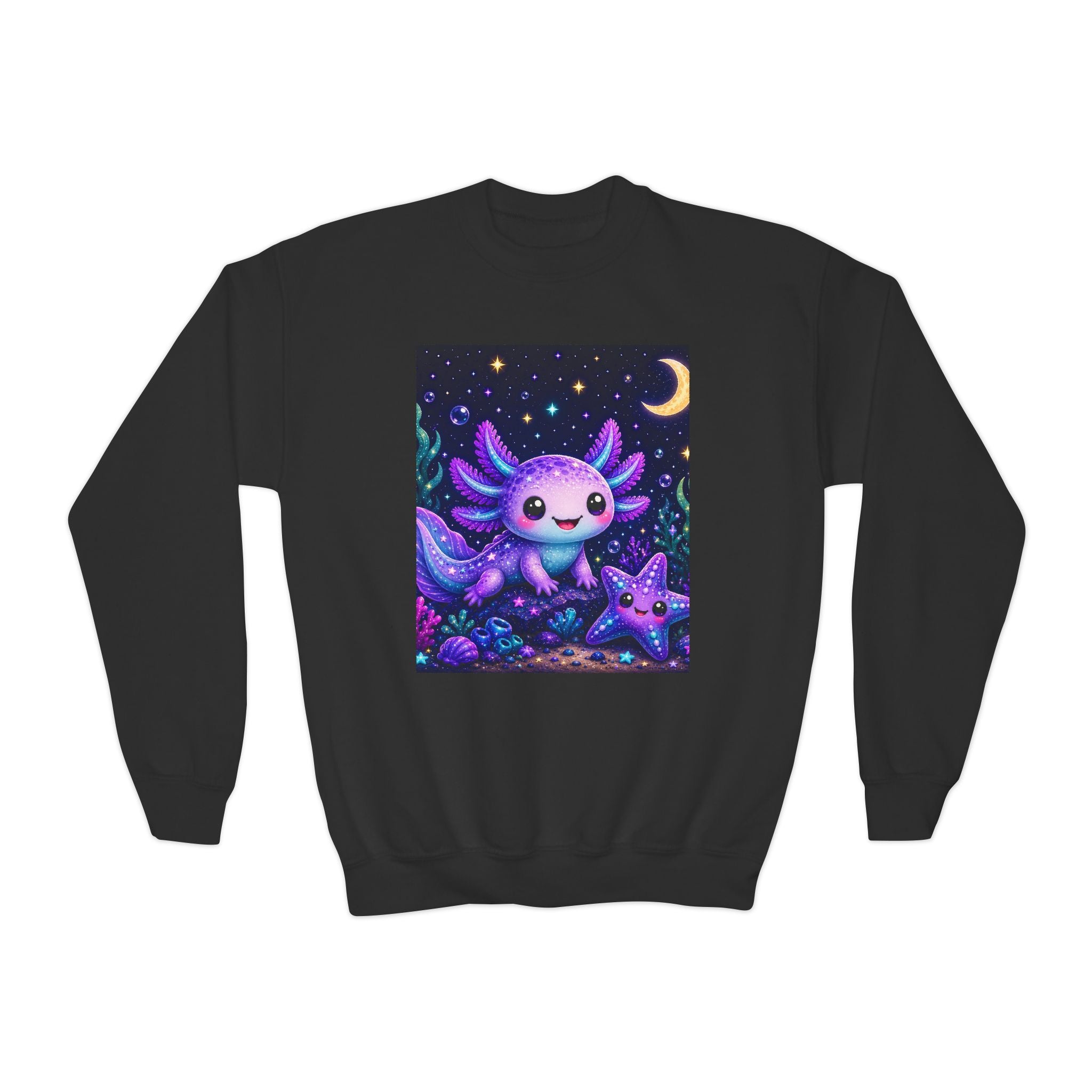 Axolotl Moonlight Youth Crewneck Sweatshirt | Cute Kawaii Night Sky Kids Pullover | NeuroVibe Shop™