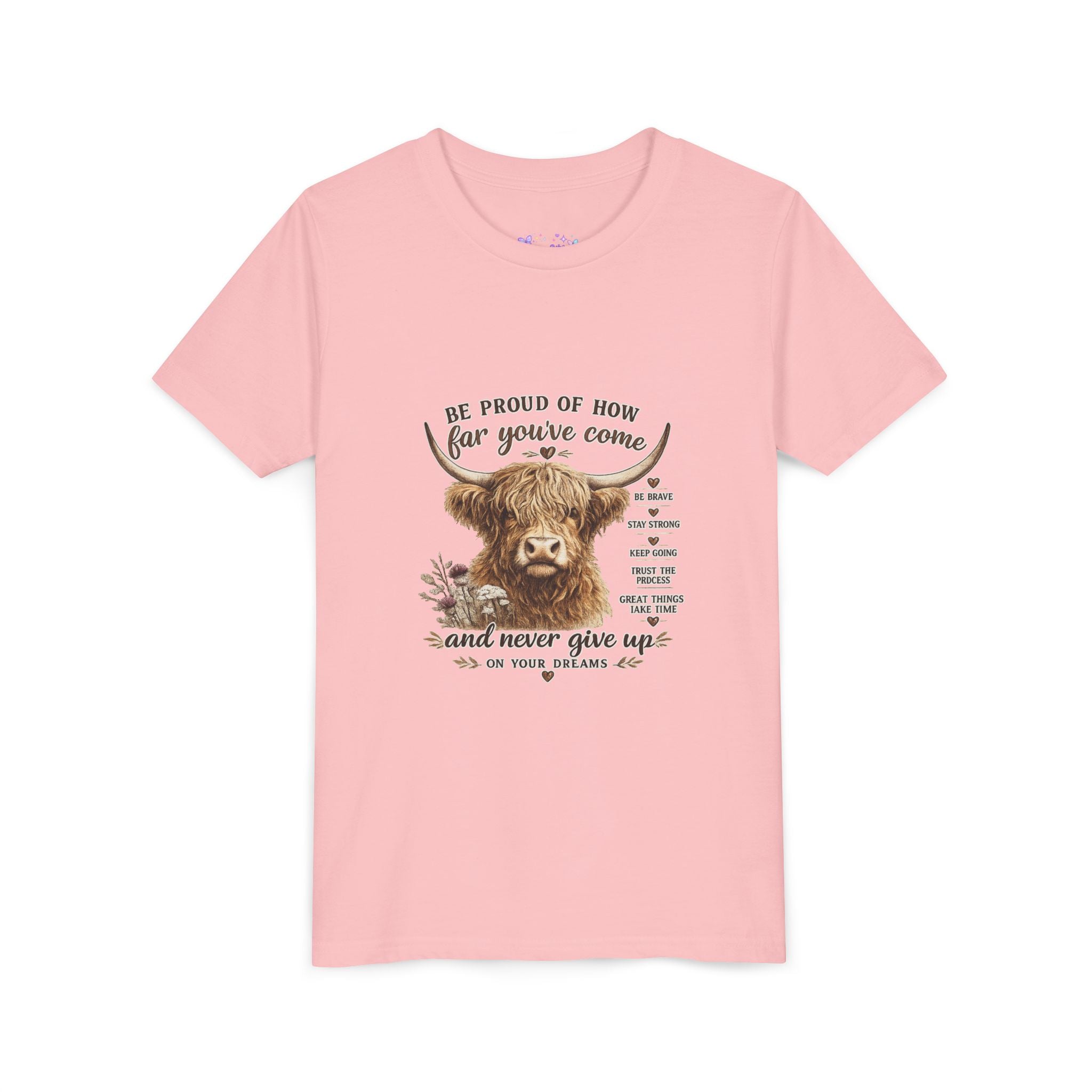 Highland Cow Kids T-Shirt | Be Proud of How Far You’ve Come Motivational Youth Tee | Inspirational Farm Animal Shirt for Boys & Girls