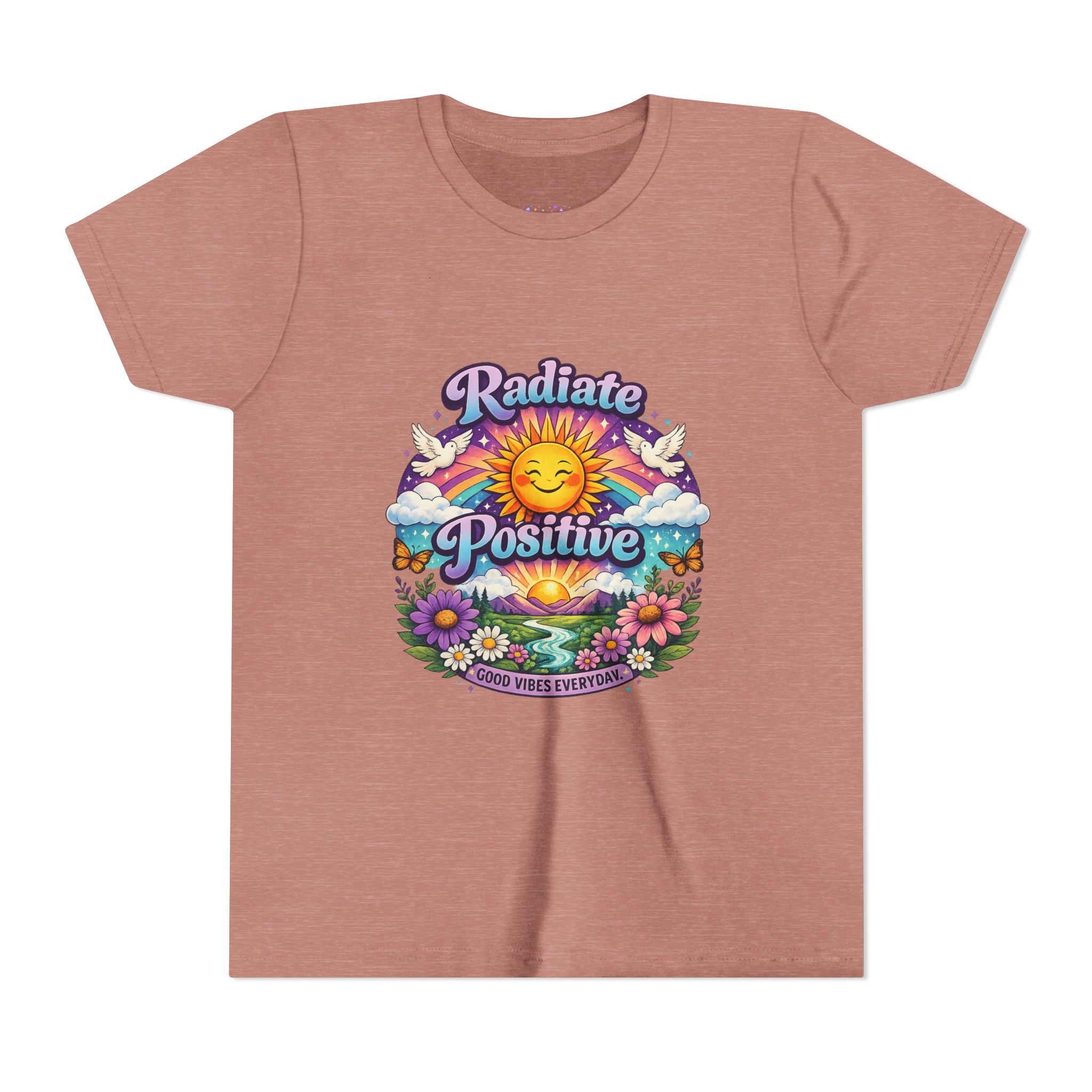 Youth Radiate Positive T-Shirt – Purple & Teal Retro Sunshine Inspirational Graphic Tee | Good Vibes Everyday Boho Floral Shirt | Motivational Mental Health Apparel