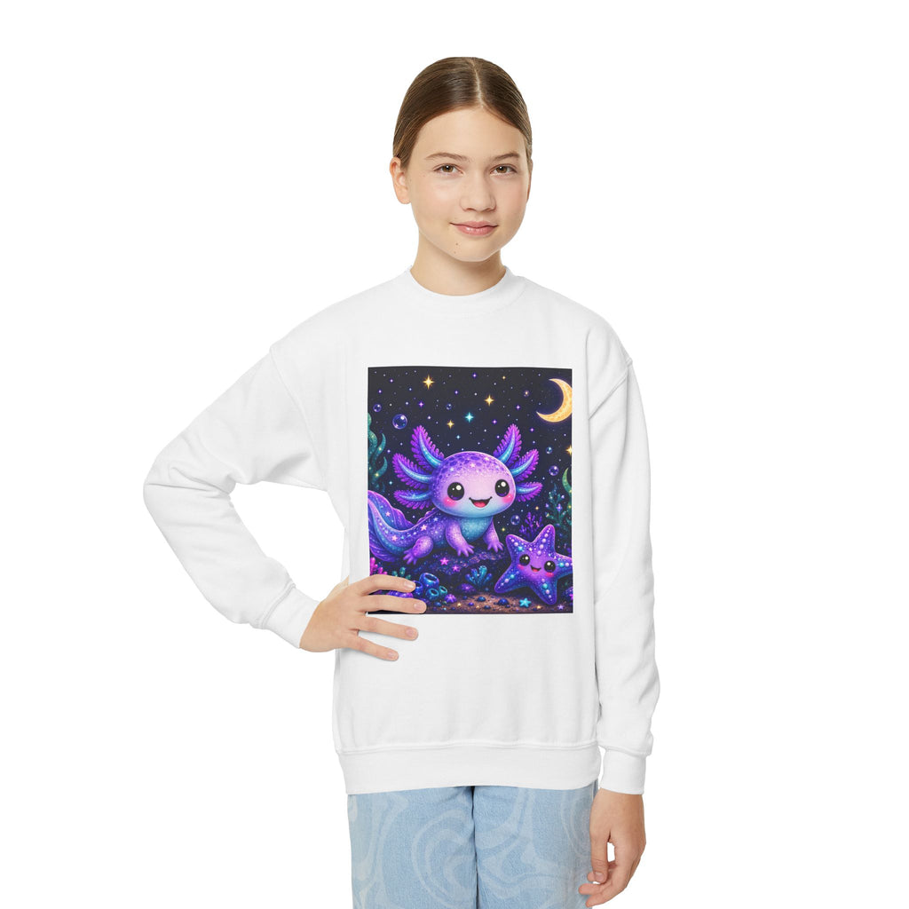 Axolotl Moonlight Youth Crewneck Sweatshirt | Cute Kawaii Night Sky Kids Pullover | NeuroVibe Shop™
