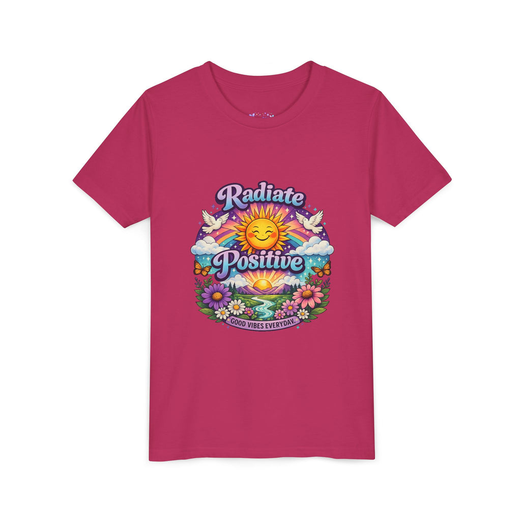 Youth Radiate Positive T-Shirt – Purple & Teal Retro Sunshine Inspirational Graphic Tee | Good Vibes Everyday Boho Floral Shirt | Motivational Mental Health Apparel