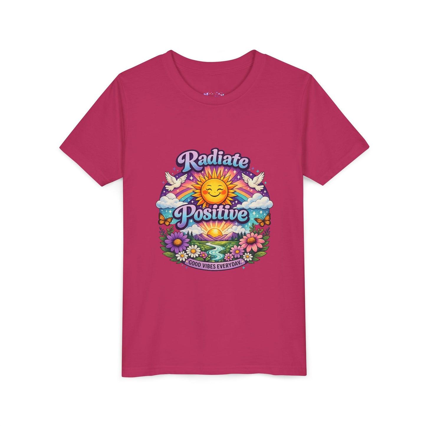 Youth Radiate Positive T-Shirt – Purple & Teal Retro Sunshine Inspirational Graphic Tee | Good Vibes Everyday Boho Floral Shirt | Motivational Mental Health Apparel