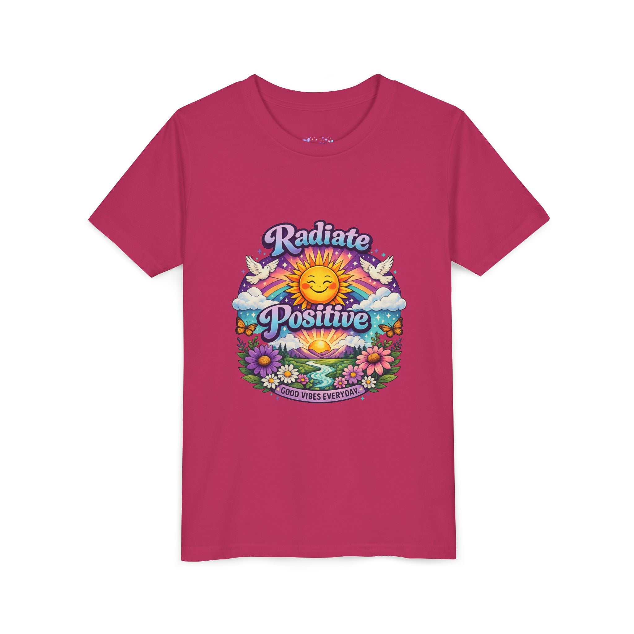 Youth Radiate Positive T-Shirt – Purple & Teal Retro Sunshine Inspirational Graphic Tee | Good Vibes Everyday Boho Floral Shirt | Motivational Mental Health Apparel