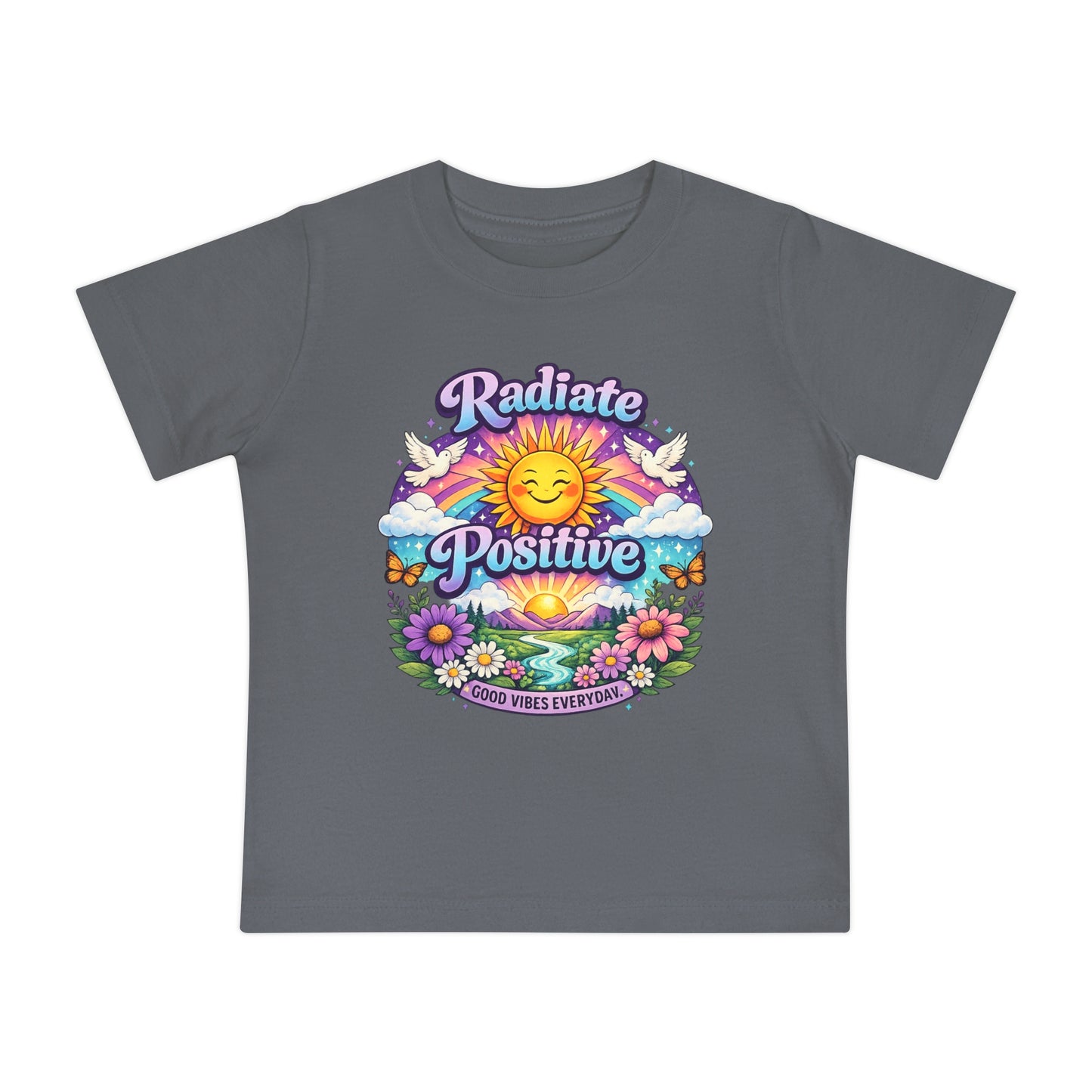 Radiate Positive Toddler T-Shirt – Purple Teal Sunshine Graphic Tee | Positive Vibes Kids Shirt | Inspirational Rainbow Toddler Clothing