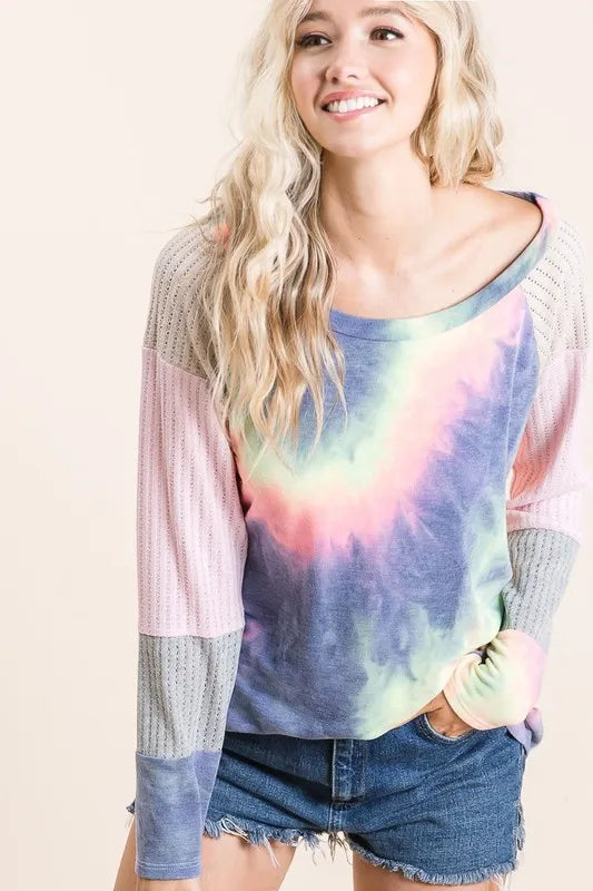 Tie Dye Terry Top With Color Block Pointelle Knit
