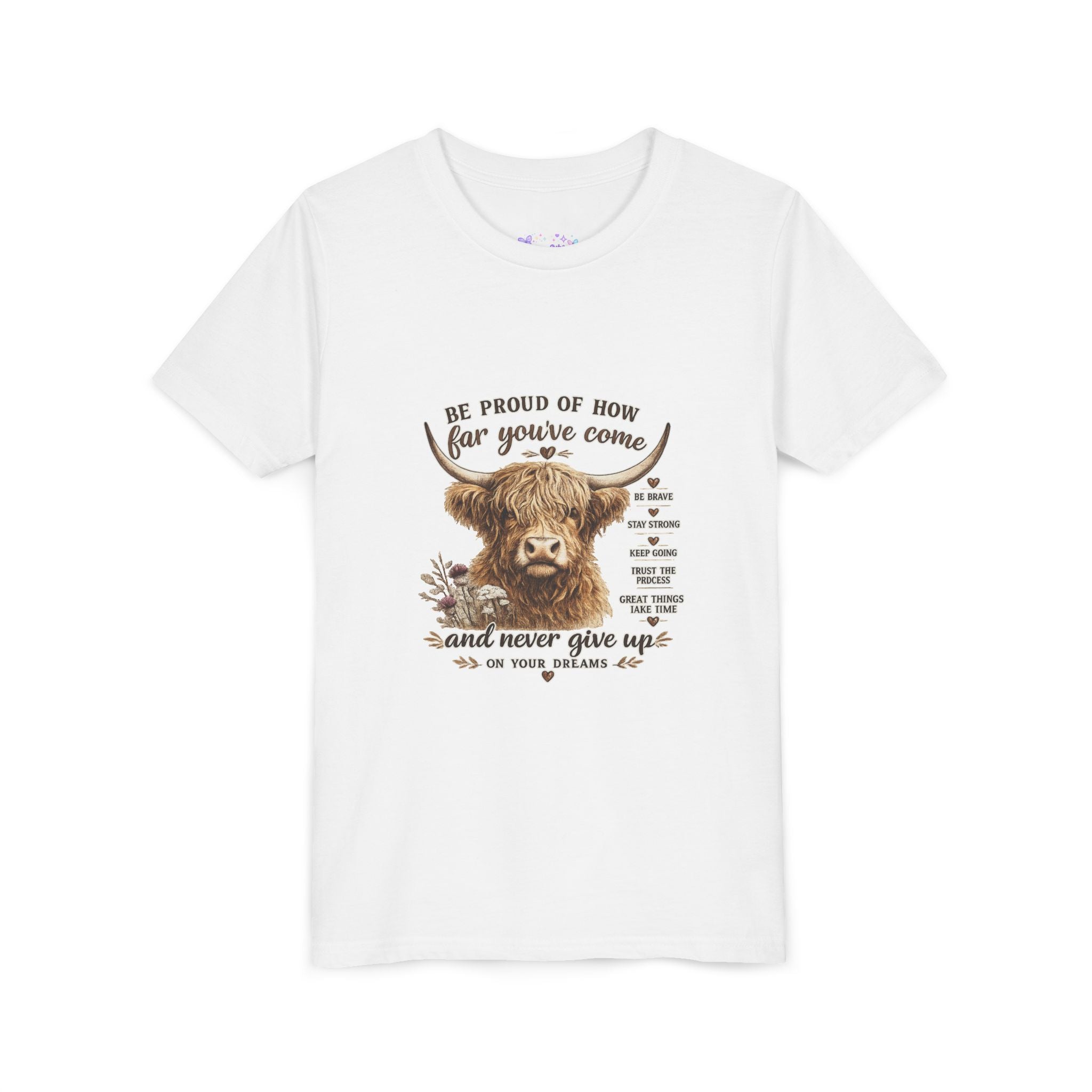 Highland Cow Kids T-Shirt | Be Proud of How Far You’ve Come Motivational Youth Tee | Inspirational Farm Animal Shirt for Boys & Girls