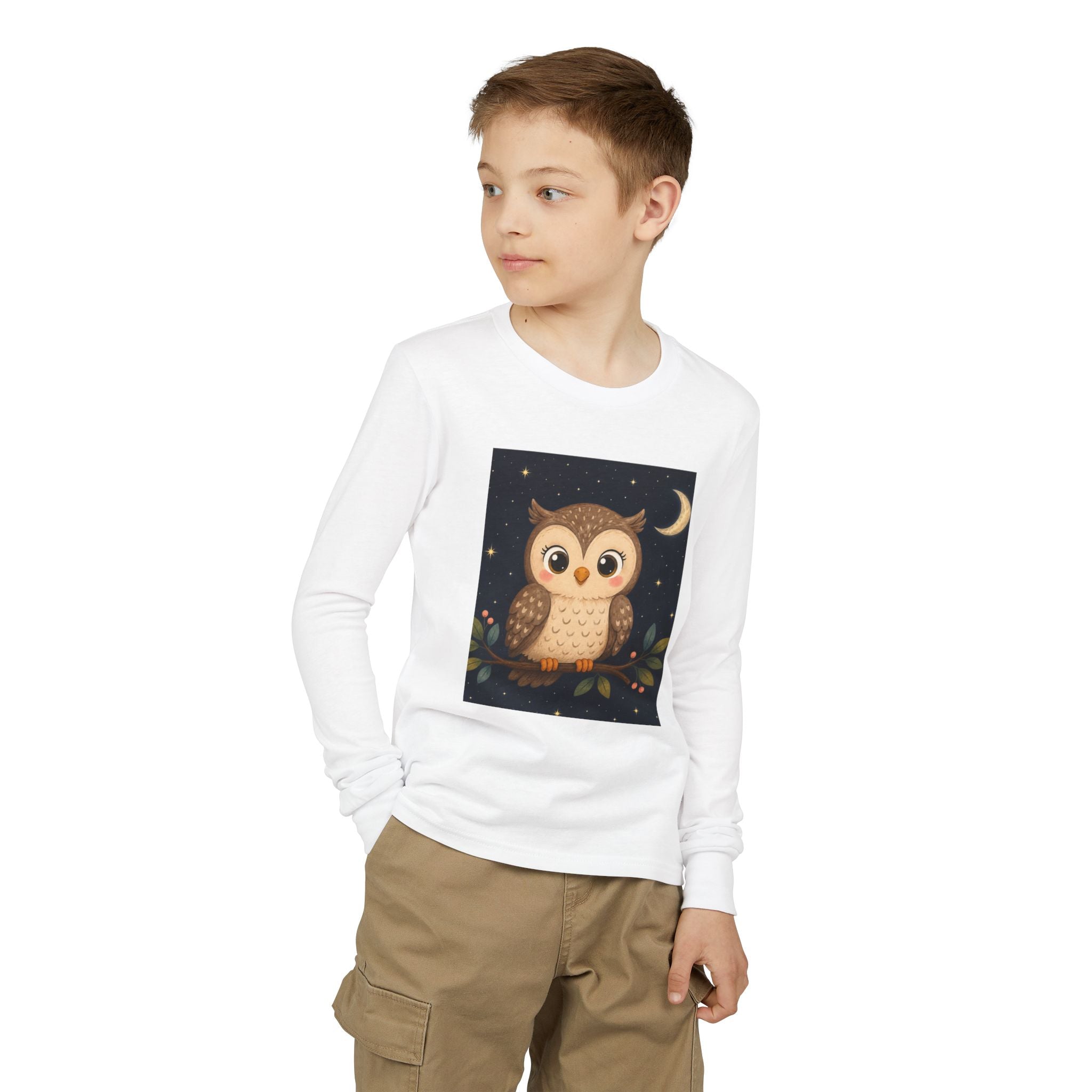 Cute Owl Youth Long Sleeve Shirt | Moon & Stars Night Owl Kids Graphic Tee | NeuroVibe Shop™