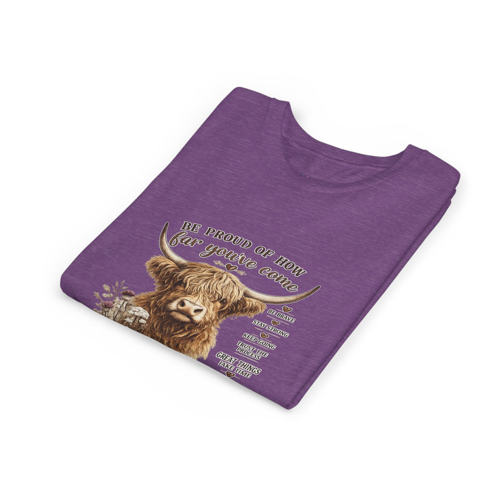 Highland Cow Kids T-Shirt | Be Proud of How Far You’ve Come Motivational Youth Tee | Inspirational Farm Animal Shirt for Boys & Girls